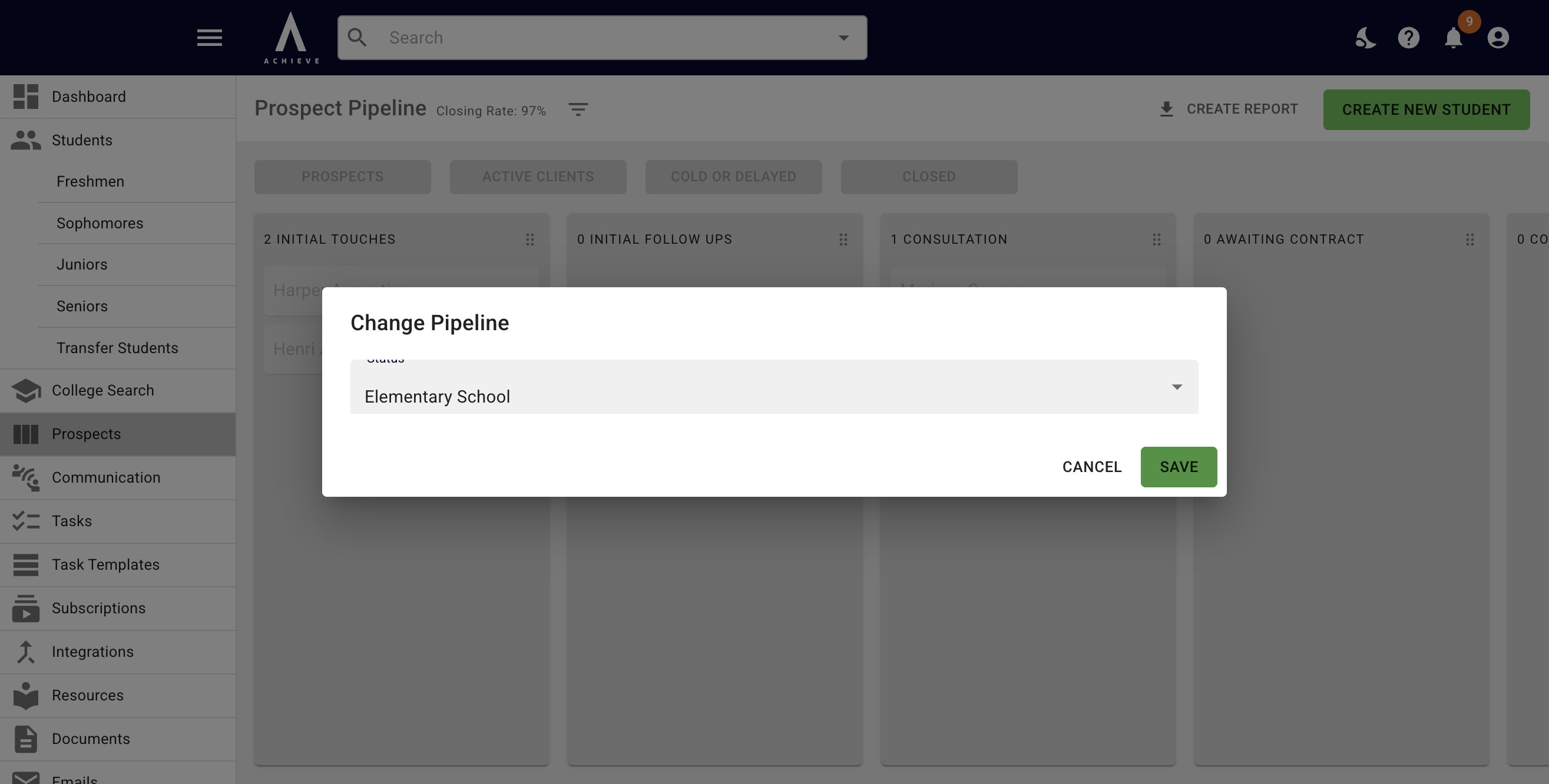 Select the **Student Status** category you would like assign & add to the student pipeline