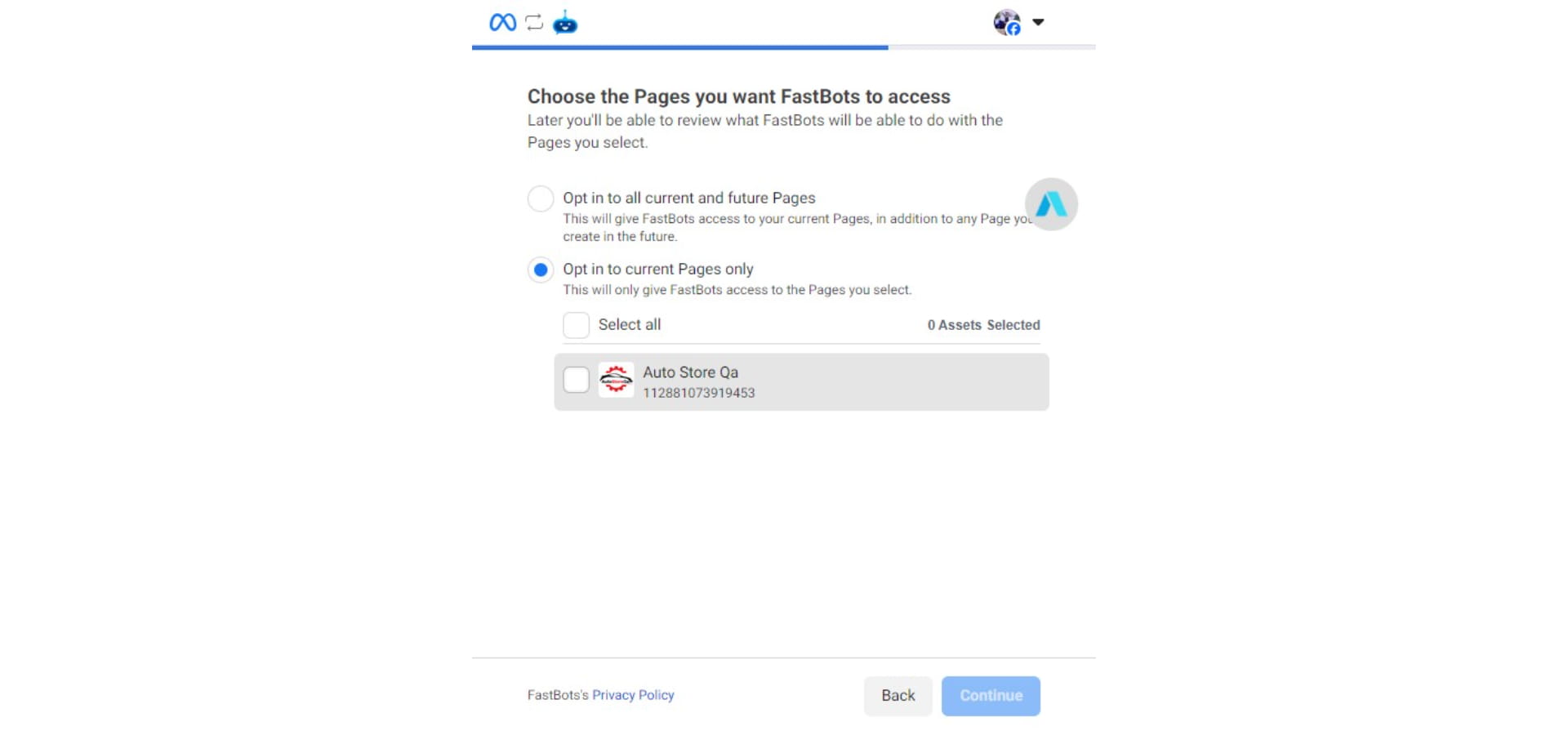 Select the page that you want to connect with Fastbots. 