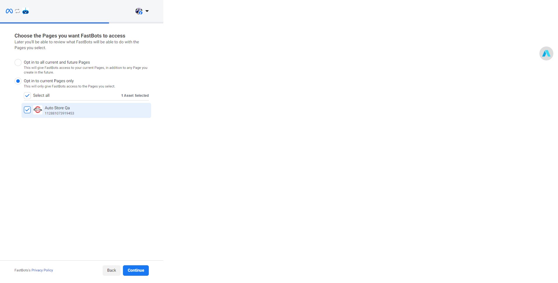After selecting the Facebook page, click on "Continue"