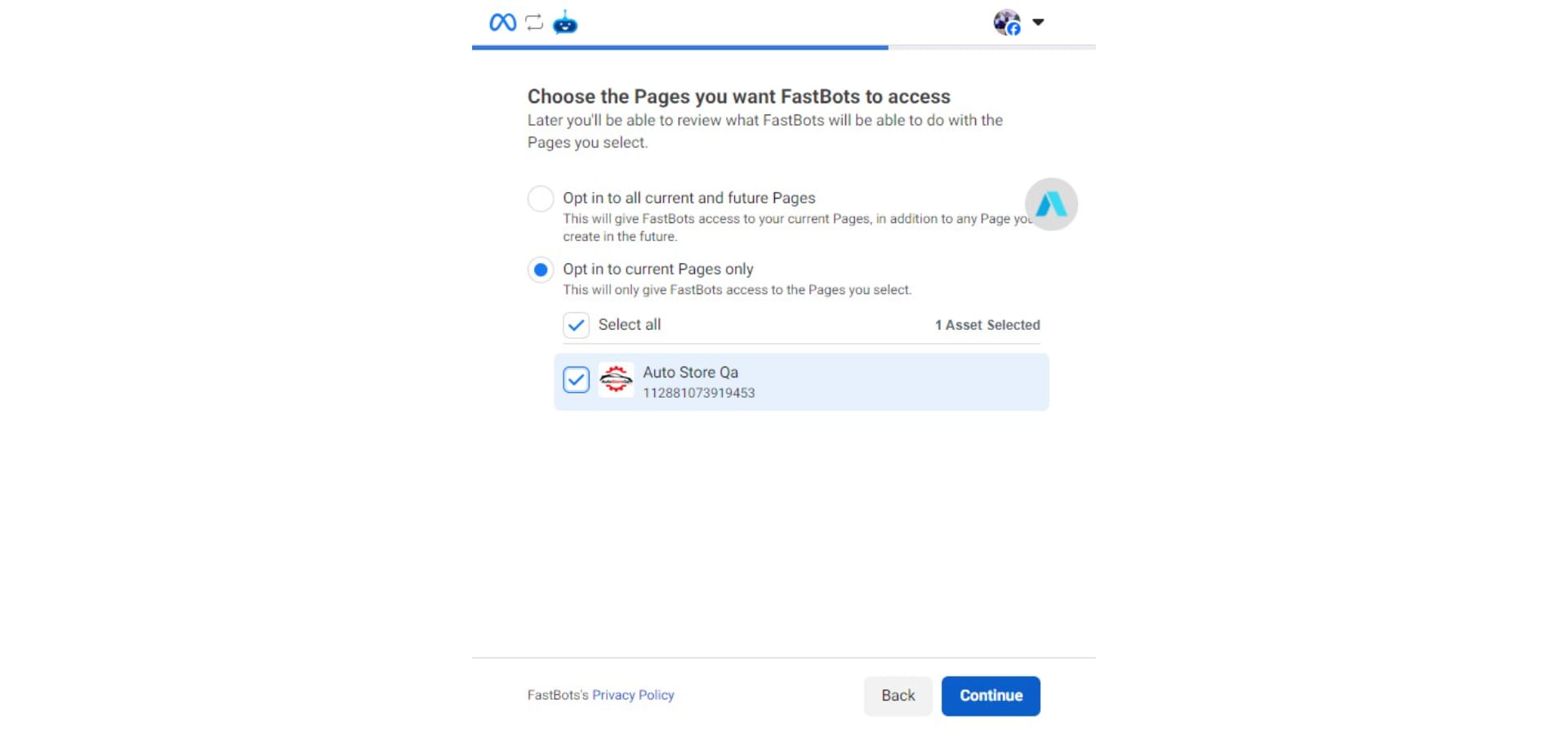After selecting the Facebook page, cick on "Continue"