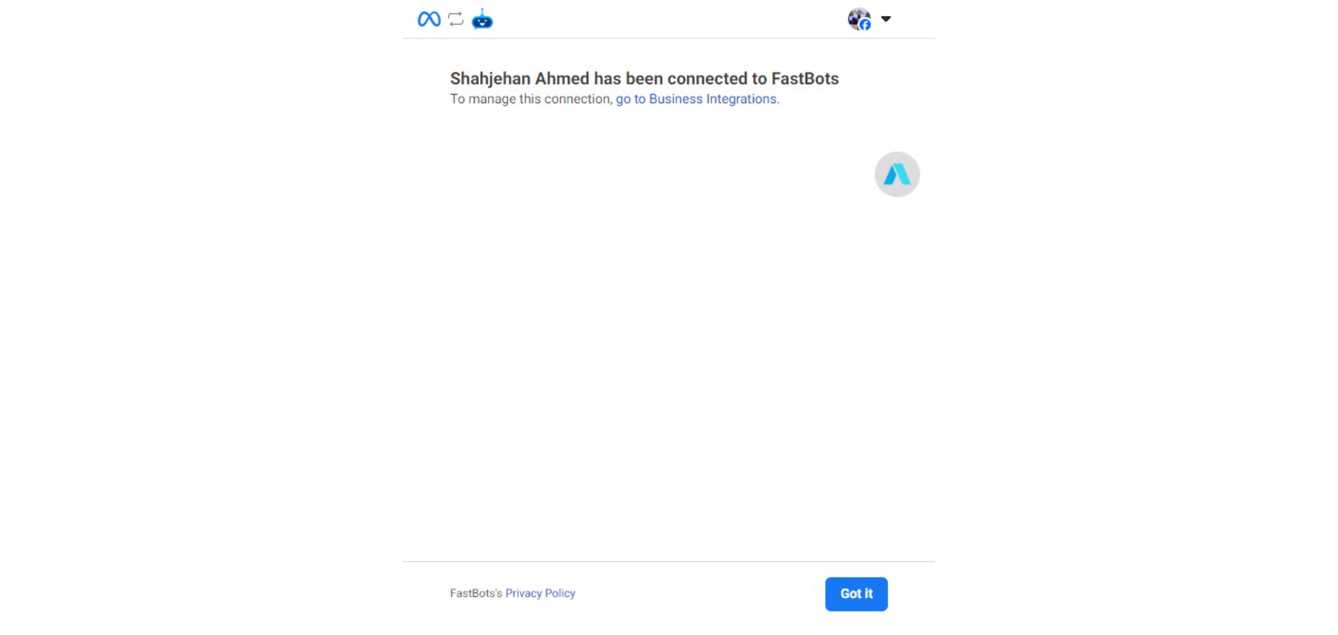 Click on "Shahjehan Ahmed has been connected to FastBots"