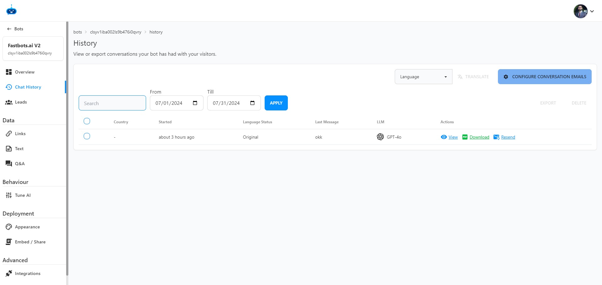 You can configure your email to receive notifications with the conversation transcript every time your chatbot engages with a user on Messenger. To set this up, click the "Configure Conversation Email" button.