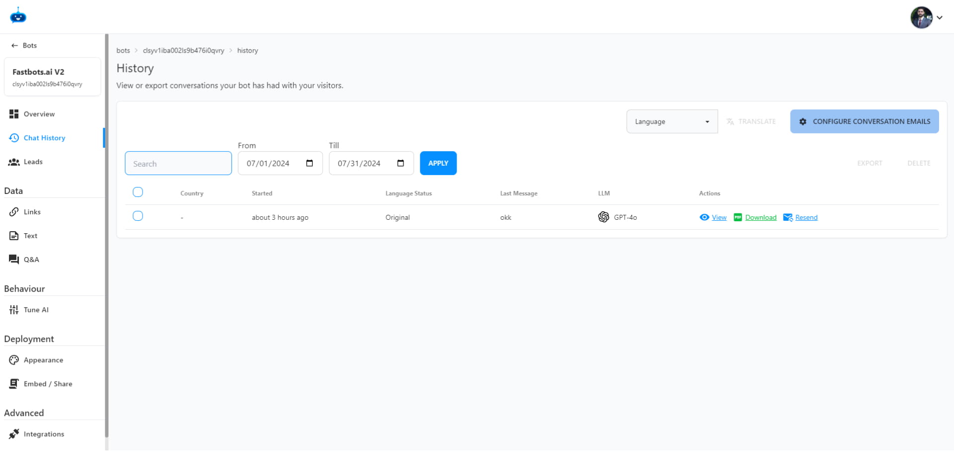 Once your chatbot is assigned to the Facebook page, it will begin responding to questions from users on Messenger. You can view the conversations either directly on Messenger or on the Chat History page in your Fastbots account.