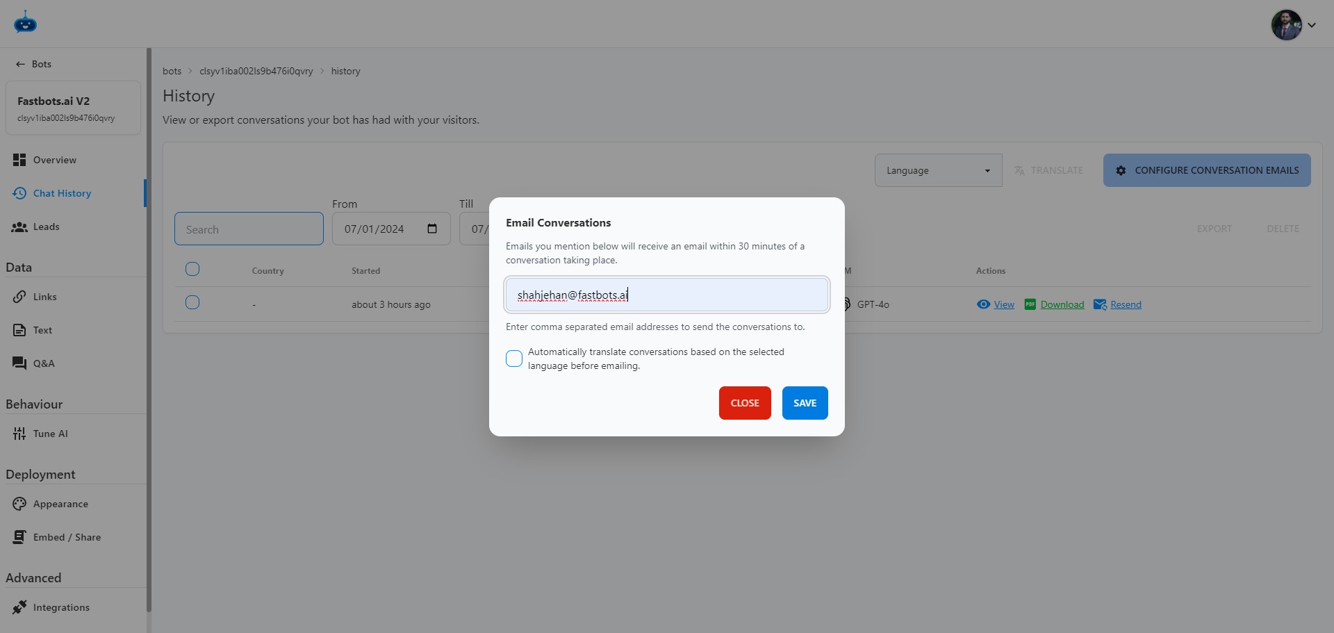 Click "Save." Once you add an email, the chatbot will send you a notification for every new conversation, with a PDF file of the transcript attached.