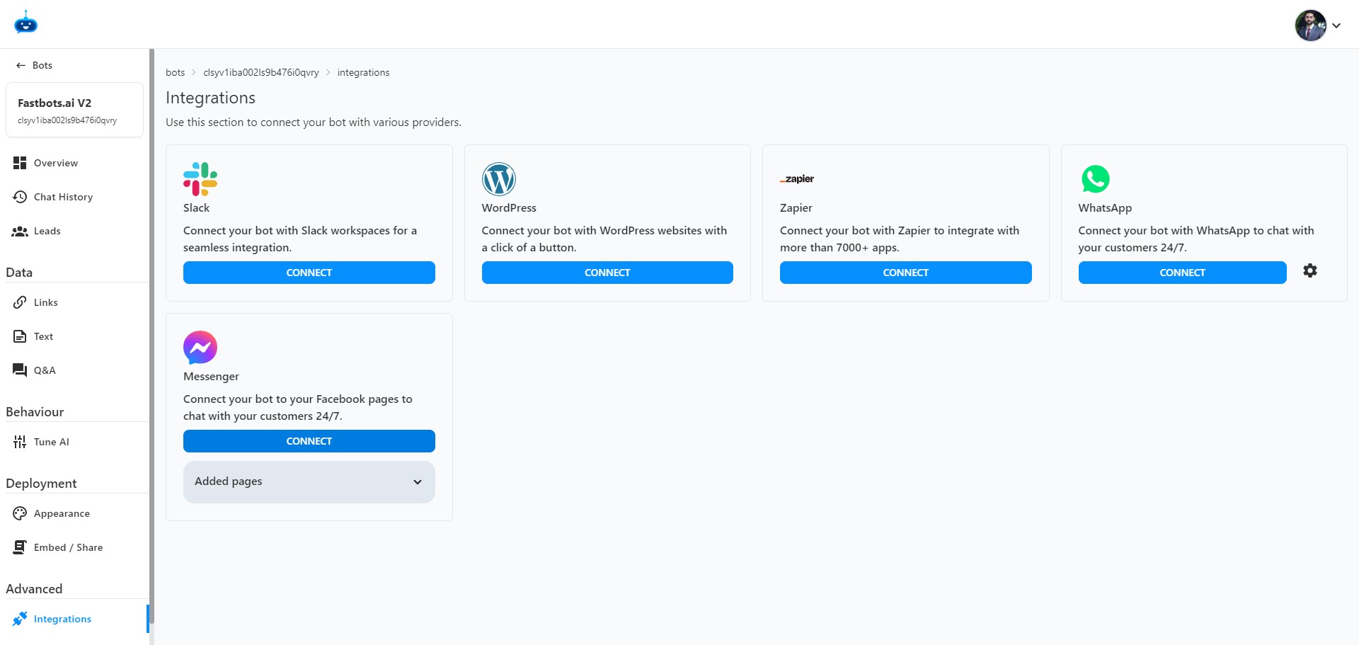 If you want to integrate other Facebook pages with your chatbot, click on the "Connect" button. 