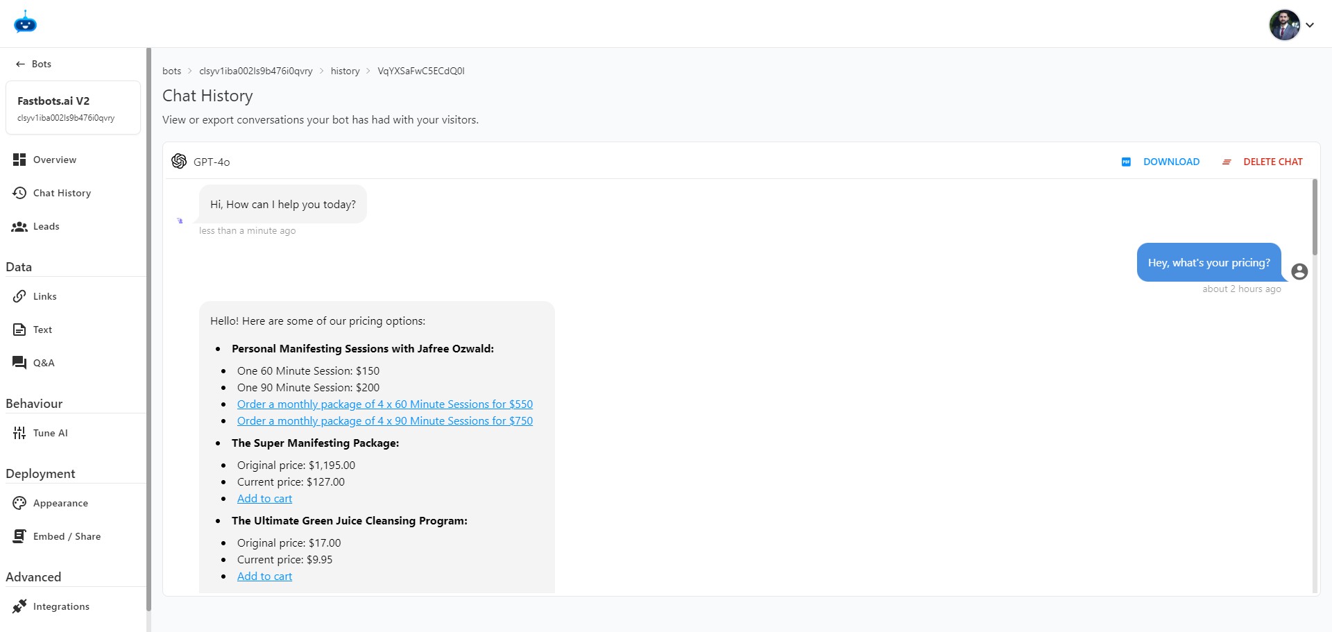 You can read the chat transcript or download it in a PDF file.