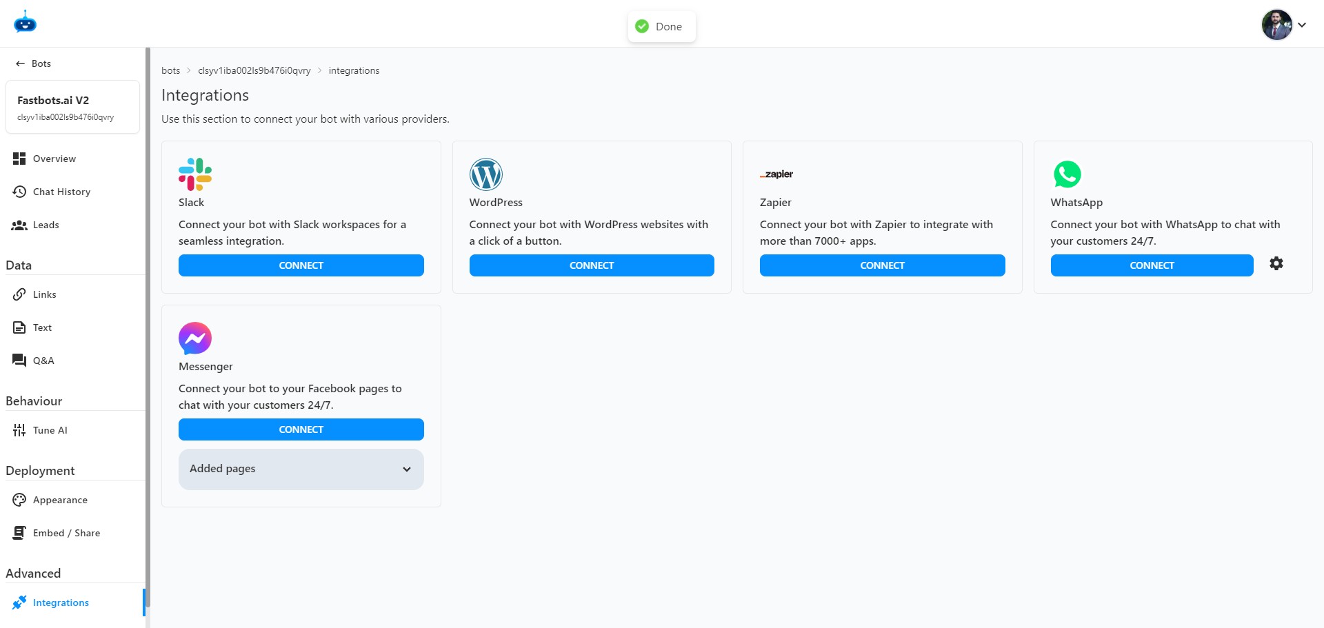 You can see your connected Facebook page under the "Added Pages" section. 