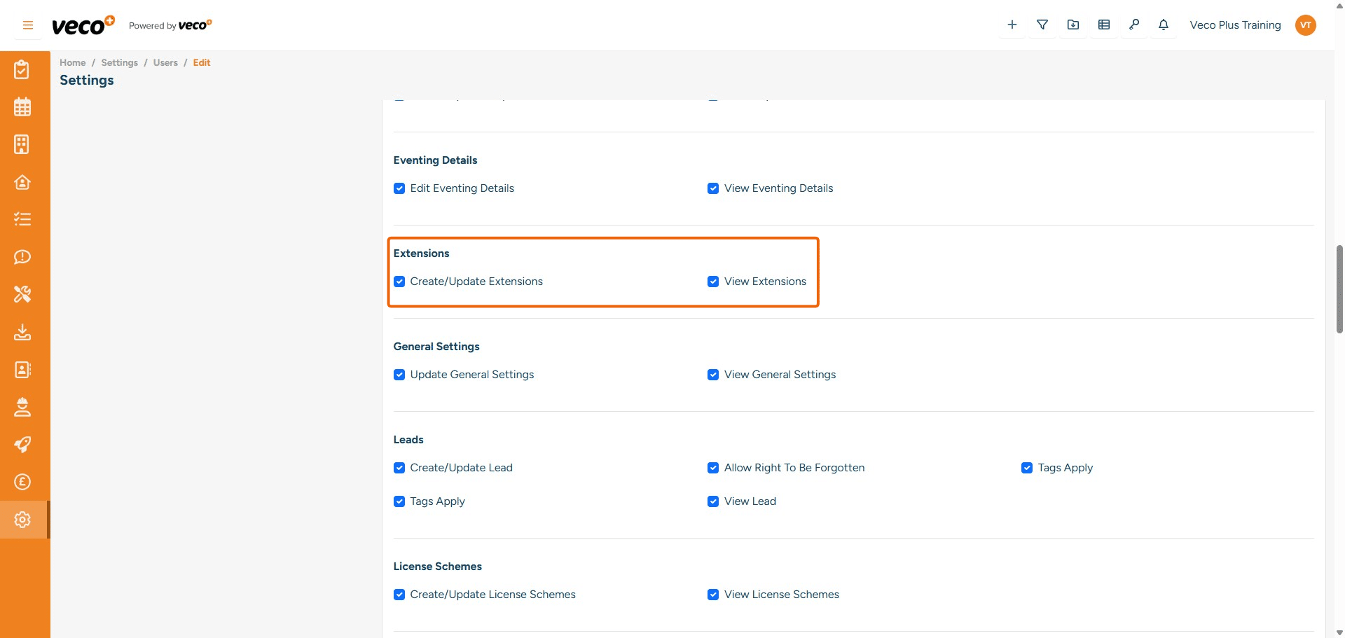 ## Extensions
**Create/Update Extensions** - Enables a user to create and update Extensions in Settings. If this is not ticked, the user will only be able to view the Extensions (if set)
**View Extensions** - Enables a user to view Extensions. If this is not ticked, Extensions will not show in Settings
		
		
