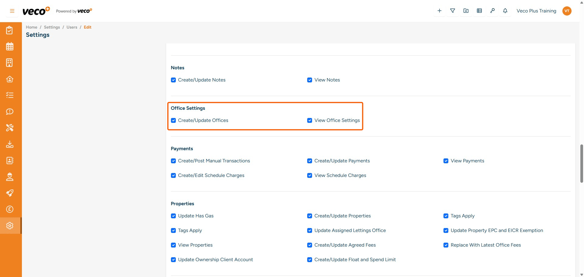 ## Office Settings
**Create/Update Offices** - Enables a user to create and update the 'Offices' under Settings. If this is not ticked, the save button will be locked
**View Offices** - Enables a user to view 'Offices' under Settings. If this is not ticked, 'Offices' will be removed from Settings


