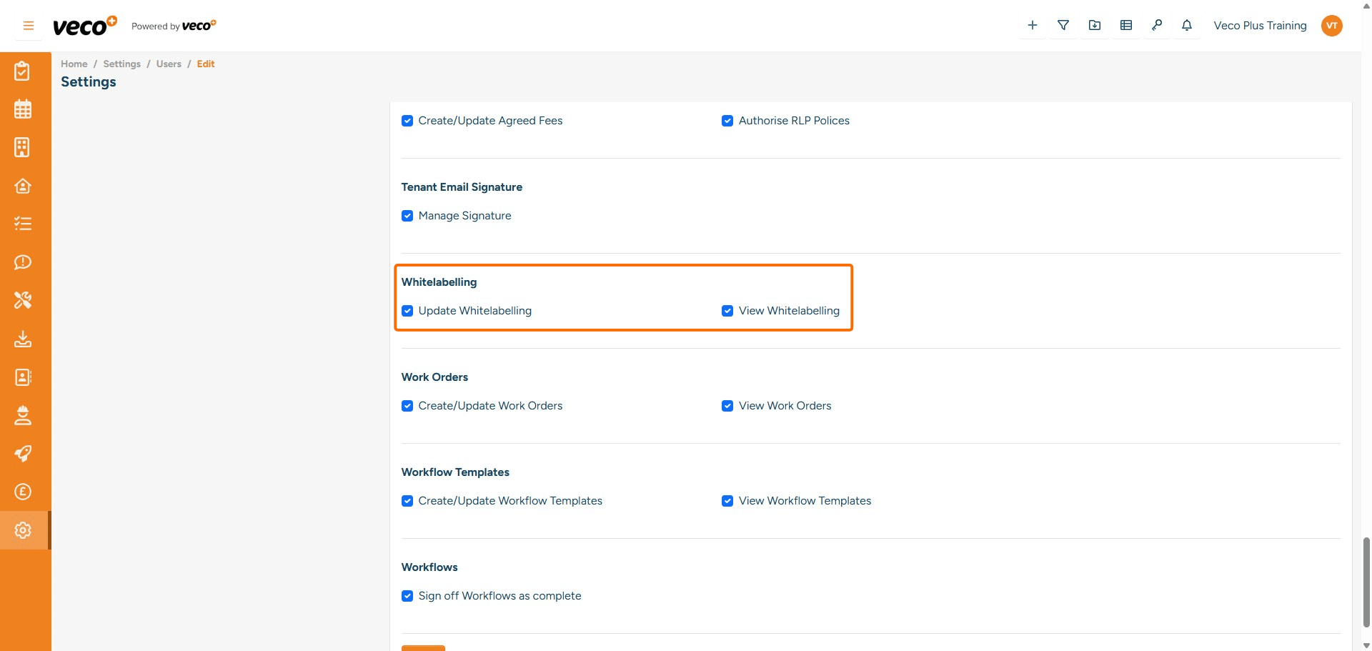 ## White Labelling
**Update Whitelabelling** - Enables a user to update the 'White Labelling' under Settings (logo in the upper left corner and colour scheme etc) 
**View Whitelabelling** - Enables a user to view the White Labelling. If this is not ticked, 'White Labelling' will not be visible under Settings


	

