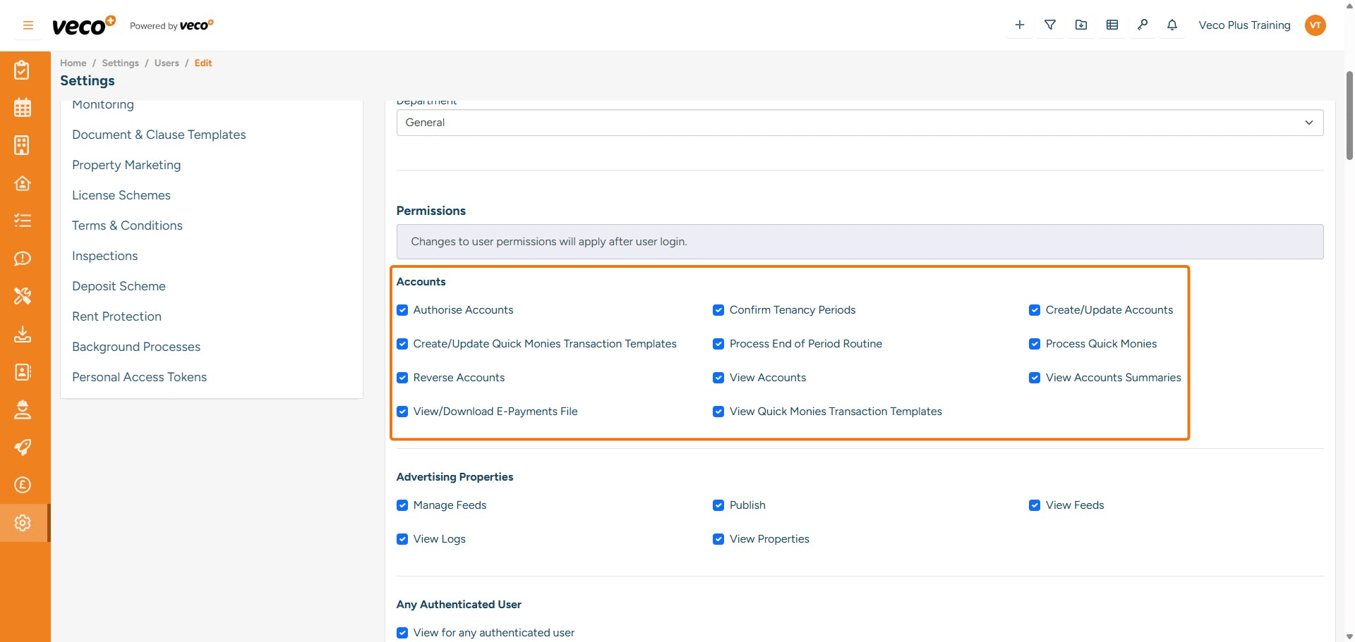 ## **Accounts**
**Authorise Accounts** - Enables a user to authorise accounts on a tenancy period, which then allows allocations to be made between transactions
**Confirm Tenancy Periods** - Enables a user to confirm the tenancy period
**Create/Update Accounts** - Enables a user to access the Accounts Settings. If this is not ticked, the 'Accounts' section will not show in the list in Settings
**Create/Update Quick Monies Transaction Templates** - Enables a user to create and update templates for Quick Monies. If this is not ticked, it will lock the save button
**Process Month End Routine** - Enables a user to run the month-end process. If this is not ticked, it will state you are not authorised to perform this action
**Process Quick Monies** - Enables a user to process Quick Monies and create transactions using the Quick Monies templates. If this is not ticked, it will lock the save button
**Reverse Accounts** - Enables a user to reverse transactions that have been posted
**View Accounts** - Enables a user to load the Accounts Summary on the Ownership and Tenancy. If not ticked, the user will not be able to view the account summary, and it will also hide transactions when selecting Accounts on the navigation bar
**View Accounts Summaries** - Enables a user to view the Owner/Tenant's Accounts Summary
**View/Download E-Payments File** - Enables a user to view and download the E-Payments export file
**View Quick Monies Transaction Template** - Enables a user to view Quick Monies Templates under 'Quick Monies' in Settings. If this is not ticked, it will state you have incorrect permissions when selecting a Quick Monies Template 





