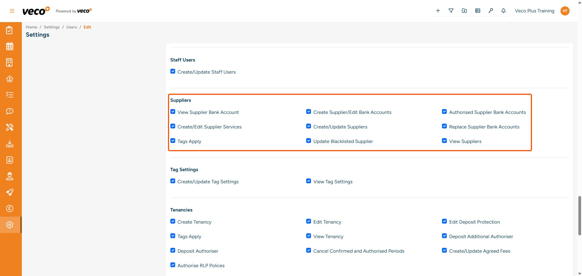 ## Suppliers
**View Supplier Bank Account** - Enables a user to view the supplier's bank details
**Create Supplier/Edit Bank Accounts** - Enables a user to create and edit supplier account details. If this is not ticked, the save button will be locked
**Authorised Supplier Bank Accounts** - Enables a user to authorise bank details added by another user. If this is not ticked, it will not give the user the option to authorise
**Create/Edit Supplier Services** - Enables a user to create and update the Services on the Supplier record. If this is not ticked, the save button will be locked when you add a new service
**Create/Update Suppliers** - Enables a user to create and update a supplier. If this is not ticked, the save button will be locked
**Replace Supplier Bank Accounts** - Enables a user to replace supplier bank details. If this is not ticked, the save button will be locked
**Tags Apply** - Enables a user to add tags. If this is not ticked, they will not be able to view the drop-down list
**Update Blacklisted Supplier** - Enables a user to tick the Supplier as being Blacklisted. If this is not ticked, this button will be locked
**View Suppliers** - Enables a user to view Suppliers. If this is not ticked, the user will not be able to view the Suppliers on the grid



	





		









	


