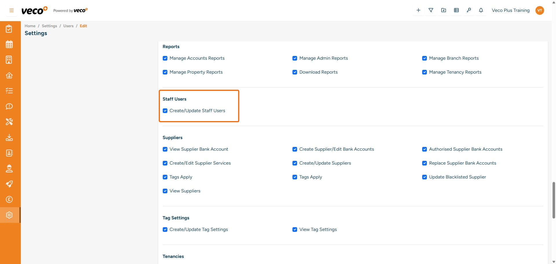 ## Staff Users
**Create/Update Staff Users** - Enables a user to create and update Staff users. If this is not ticked, the save button will be locked
		

