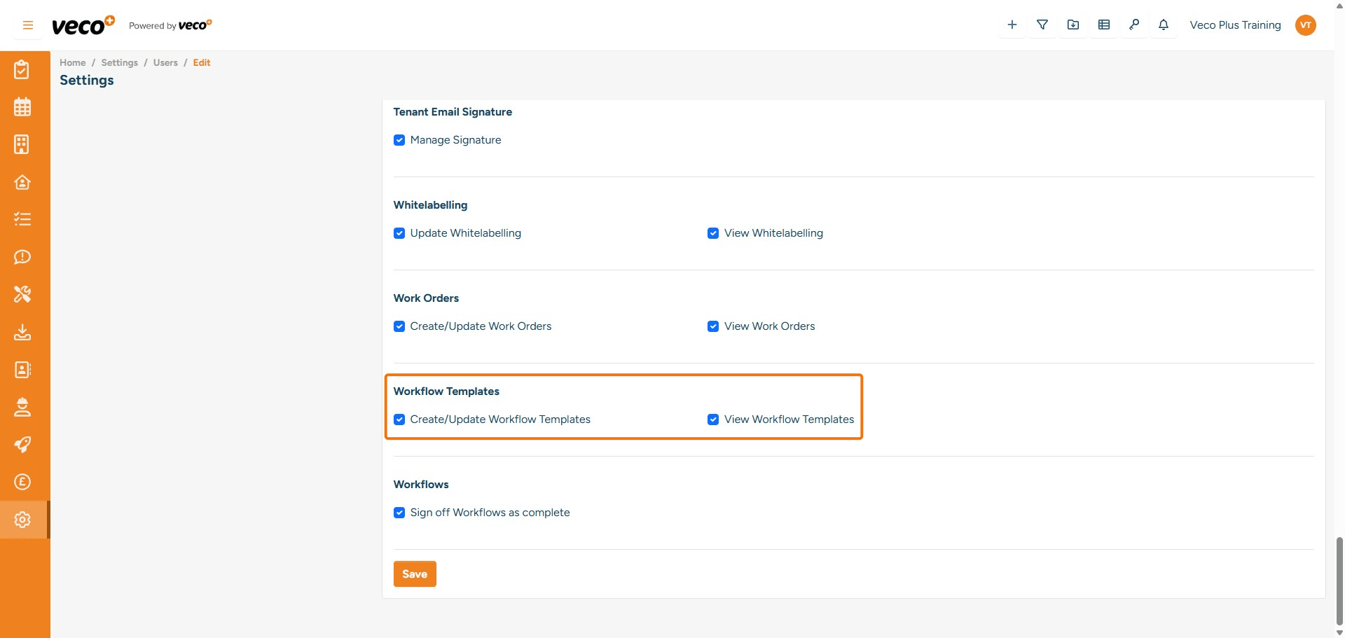 ## Workflow Templates
**Create/Update Workflow Templates** - Enables a user to update and create a Workflow Templates. If this is not ticked, it will state you are not authorised to perform this action
**View Workflow Templates** - Enables a user to view 'Workflows' under Settings. If this is not ticked, 'Workflows Templates' will not be visible under Settings
	


