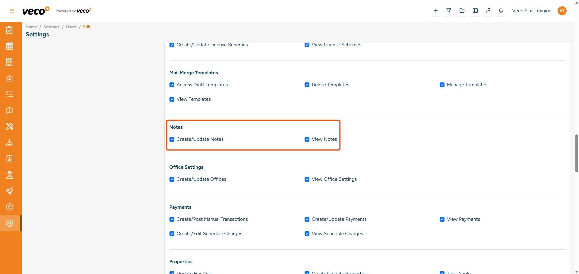 ## Notes
**Create/Update Notes** - Enables a user to create and update notes on a record. If this is not ticked, the save button will locked
**View Notes** - Enables a user to view notes on a record. If this is not ticked, it will state that you are not authorised to perform this action

