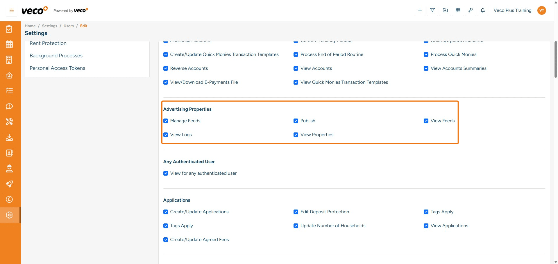 ## **Advertising Properties**
**Manage Feeds** - Enables a user to add a new feed in Advertising
 **Publish** - Enables a user to publish properties to the portals. If this is not ticked, the Publish button will be locked
 **View Feeds** - Enables a user to see the feeds when in Advertising
 **View Logs** - Enables a user to view logs in Advertising
 **View Properties** - Enables a user to view a list of all properties that have been published to the portals in Advertising 

