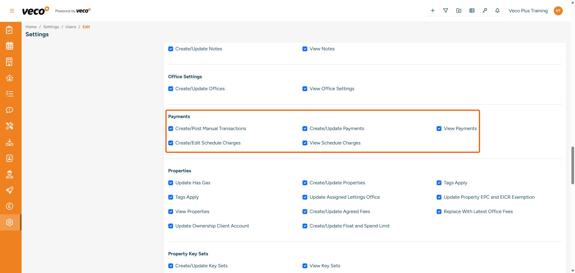 ## Payments
**Create/Post Manual Transactions**	- Enables a user to create and post manual transactions. If this is not ticked, the save button will be locked
**Create/Update Payments** - Enables a user to create and update payments. If this is not ticked, the user will not be able to load transactions
**View Payments** - Enables a user to view Owner and Supplier payments
**Create/Edit Scheduled Charges** Enables a user to create and edit scheduled charges. If this is not ticked, the save button will be locked
**View Scheduled Charges** - Enables a user to view scheduled charges. If this is not ticked, the button will be greyed out



		




