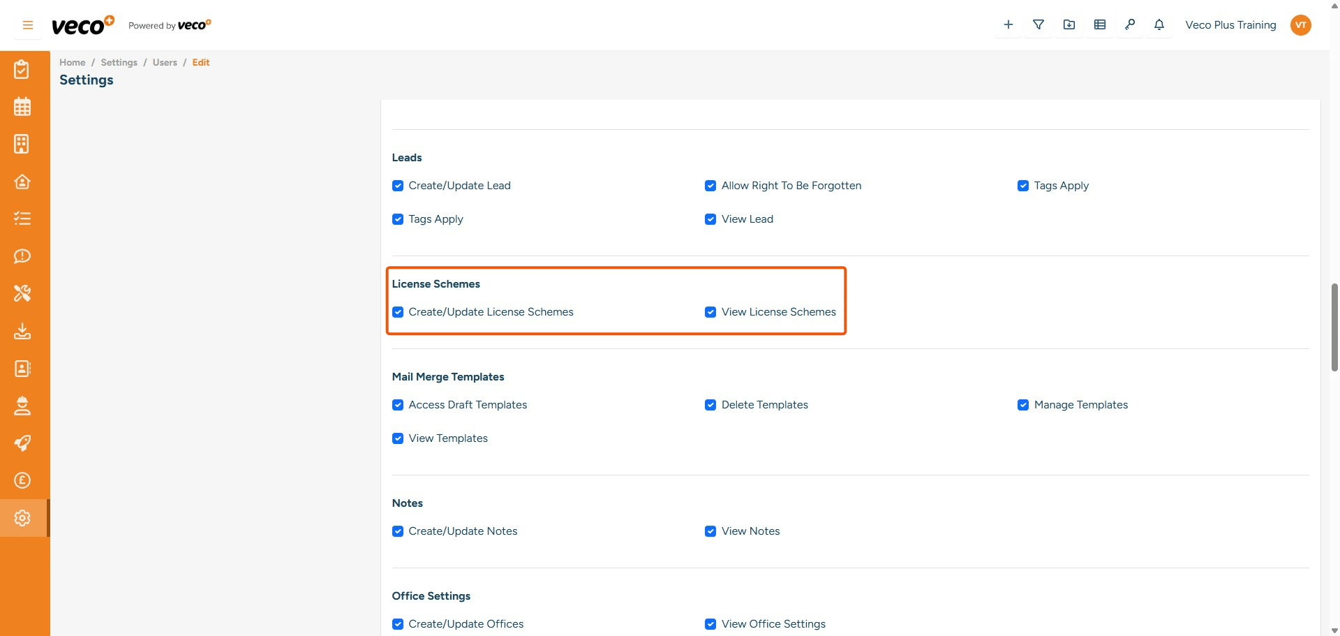 ## License Schemes
**Create/Update License Schemes** - Enables a user to create and update License Schemes. If this is not ticked, it will lock the save button
**View License Schemes** - Enables a user to view License Schemes in the Settings. If this is not ticked, 'License Schemes' will not be visible in Settings
	

		


