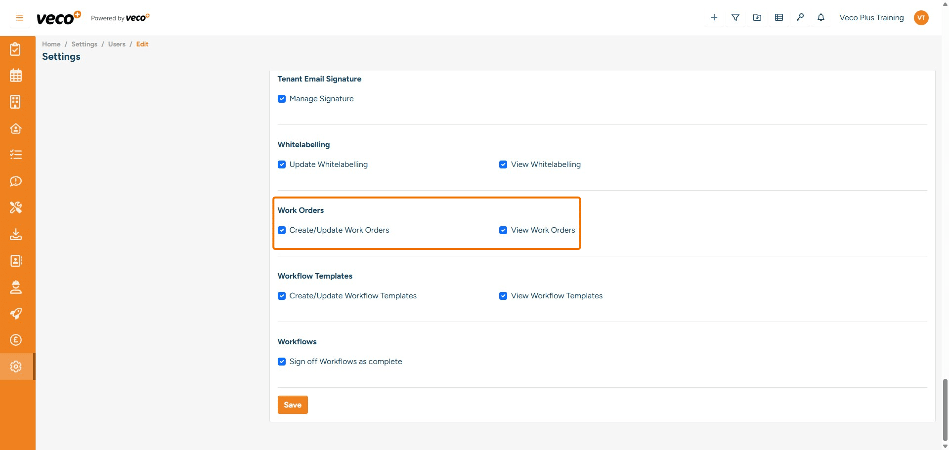 ## Work Orders
**Create/Update Work Orders**	- Enables a user to create and update a Work Order. If this is not ticked, the save button will be locked
**View Work Orders** - Enables a user to view Work Orders in the grid. If this is not ticked, it will state incorrect permissions
	


