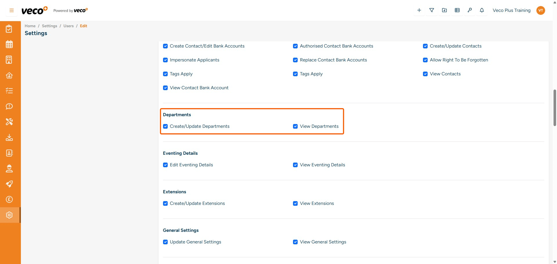## Departments
**Create/Update Departments** - Enables a user to update and create a Department. If this is not ticked, the save button will be locked
**View Departments** - Enables a user to view a list of departments. If this is not ticked, 'Departments' will be removed from Settings


