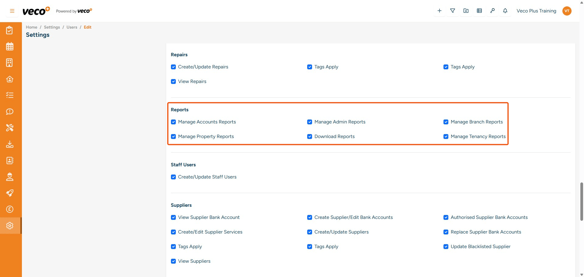## Reports
**Manage Accounts Reports** - Enables a user to run Accounts Reports. If this is not ticked, it will state that no reports are available
**Manage Admin Reports** - Enables a user to run Admin Reports. If this is not ticked, it will show that no reports are available
**Manage Branch Reports** - 	Enables a user to run Branch Reports. If this is not ticked, it will show that no reports are available
**Manage Property Reports** - Enables a user to run Property Reports. If this is not ticked, it will show that no reports are available
**Download Reports** - Enables a user to Download Reports. If this is not ticked, it will state you are not authorised to perform this action
**Manage Tenancy Reports** - Enables a user to run Tenancy Reports. If this is not ticked, it will show that no reports are available

		











