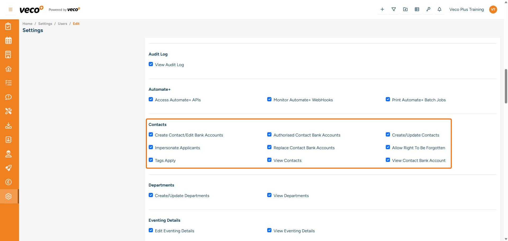 ## Contacts
**Create Contact/Edit Bank Accounts** - Enables a user to create and edit contact bank details
**Authorised Contact Bank Accounts** - Enables a user to authorise bank details that another user has added
**Create/Update Contacts** - Enables a user to create and update a contact
**Impersonate Applicants** - Enables a user to impersonate an Applicant so they can view the self-serve app as that Applicant. If this is not ticked, then the Impersonate button is not visible 
**Replace Contact Bank Accounts** - Enables a user to replace bank details. If this is not ticked, the save button will be locked
**Allow Right To Be Forgotten** - Enables a user to anonymise a contact. If this is not ticked, it will be locked
**Tag Apply** - Enables a user to add tags to a contact. If this is not ticked, the user will not be able to view the drop-down list of tags
**View Contacts** - Enables a user to view the list of Contacts. If not ticked, it will state you have incorrect permissions
**View Contact Bank Account** -  Enables a user to view the contact's full bank account number and sort code. If this is not ticked, it will hide the first few numbers on both the account number and sort code
	
	
