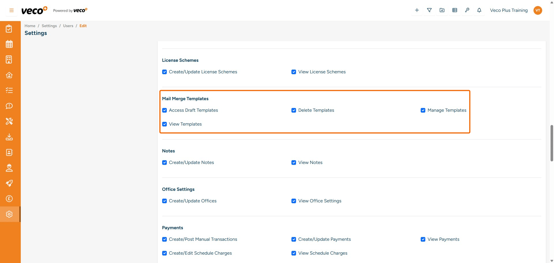 ## Mail Merge Templates
**Access Draft Templates** - Enables a user to access and run any draft document templates 
**Delete Mail Merge** - Enables a user to delete mail merge document templates. If this is not ticked, when the user tries to delete the template, it will state they are not authorised to perform this action
**Manage Templates** - Enables a user to view mail merge document templates in 'Document & Clause Templates' under Settings. If this is not ticked, the user will not see 'Documents & Clause Templates' under Settings
**View Templates** - Enable a user to view all mail merge document templates
		


	






