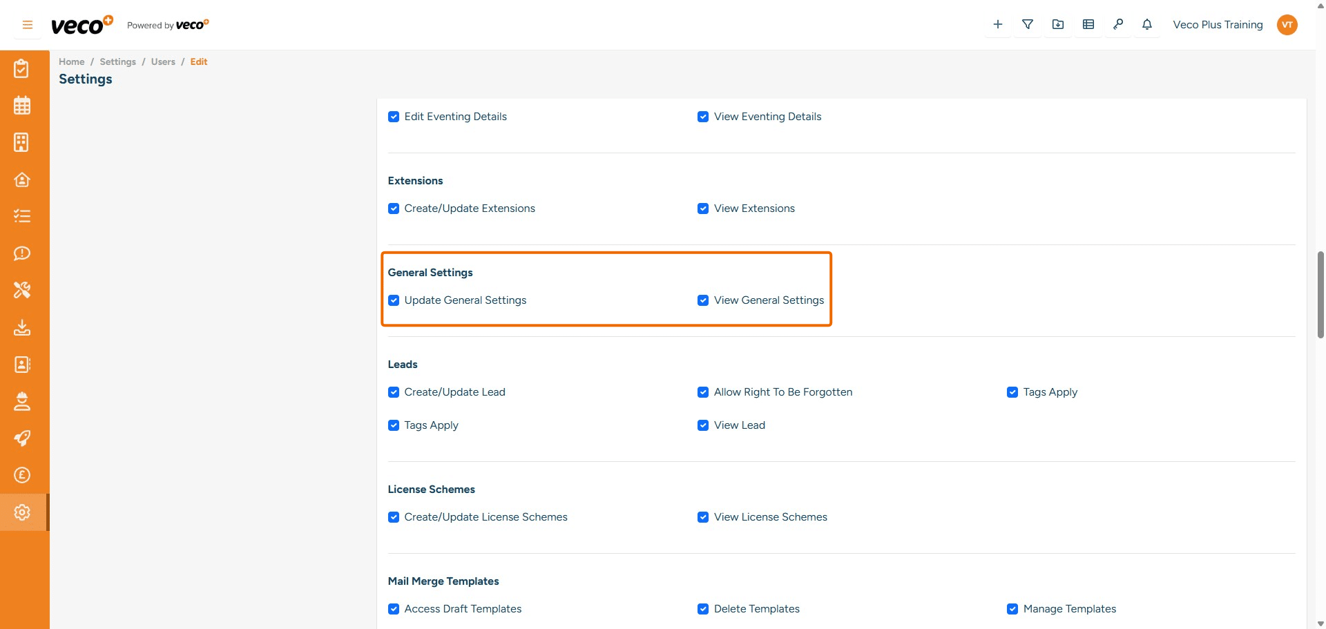 ## General Settings
**Update General Settings** - Enables a user to update General Settings (under Settings > General). If this is not ticked, then the save button will be locked
**View General Settings** - 	Enables a user to view General Settings. If this is not ticked, General will not show in Settings




