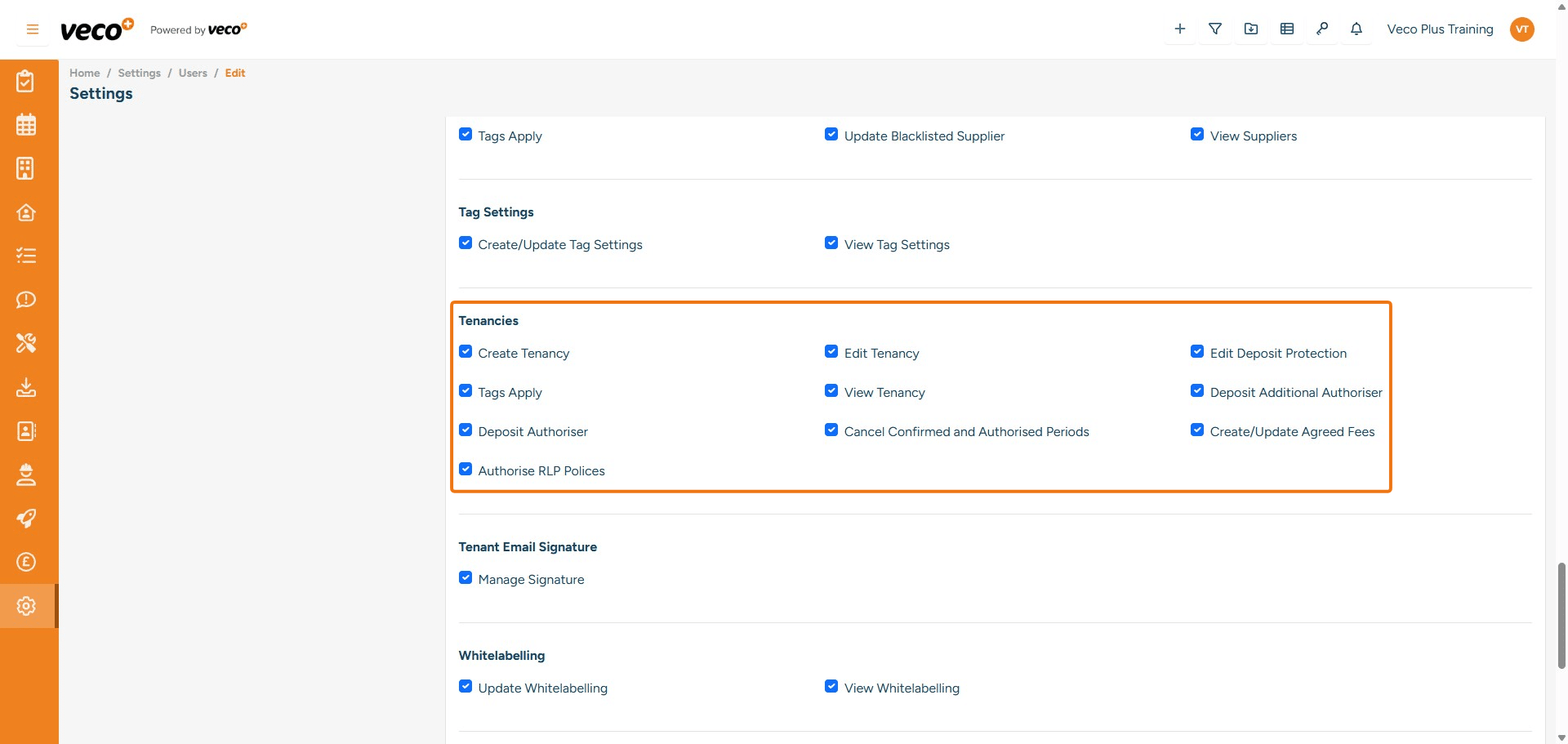 ## Tenancies
**Create Tenancy** - Enables a user to create a Tenancy to a Property. If this is not ticked, then the save button will be locked 
**Edit Tenancy** - Enables a user to edit the tenancy. If this is not ticked, if the user tries to edit the Tenancy on save, it will state you are not authorised to perform this action
**Edit Deposit Protection** - Enables a user to make changes to the Deposit Protection tab on the Tenancy. If this is not ticked, the save button will be locked
**Tags Apply** - Enables a user to add tags. If this is not ticked, they will not be able to view the drop-down list
**View Tenancy** - Enables a user to view all Tenancies in the Tenancy grid. If not ticked, it will state you have incorrect permissions
**Deposit Additional Authoriser** - Enables a user to tick the 'Deposit release confirmed' tick box
**Deposit Authoriser** - Enables a user to tick the Deposit Authorise button. If this is not ticked, this tick box will be greyed out
**Cancel Confirmed and Authorised Periods** - Enables a user to tick cancel on a confirmed or accounts authorised tenancy period. If this is not ticked, they will not be able to tick cancel and will see a permissions message on save 
**Create/Update Agreed Fees** - Enables a user to create and edit Agreed Fees on the Tenancy. If this is not ticked, the save button will be locked
**Authorise RLP Polices** - Enables a user to tick the Authorise RLP Policy button. If this is unticked, this tick box will be greyed out




	



		










