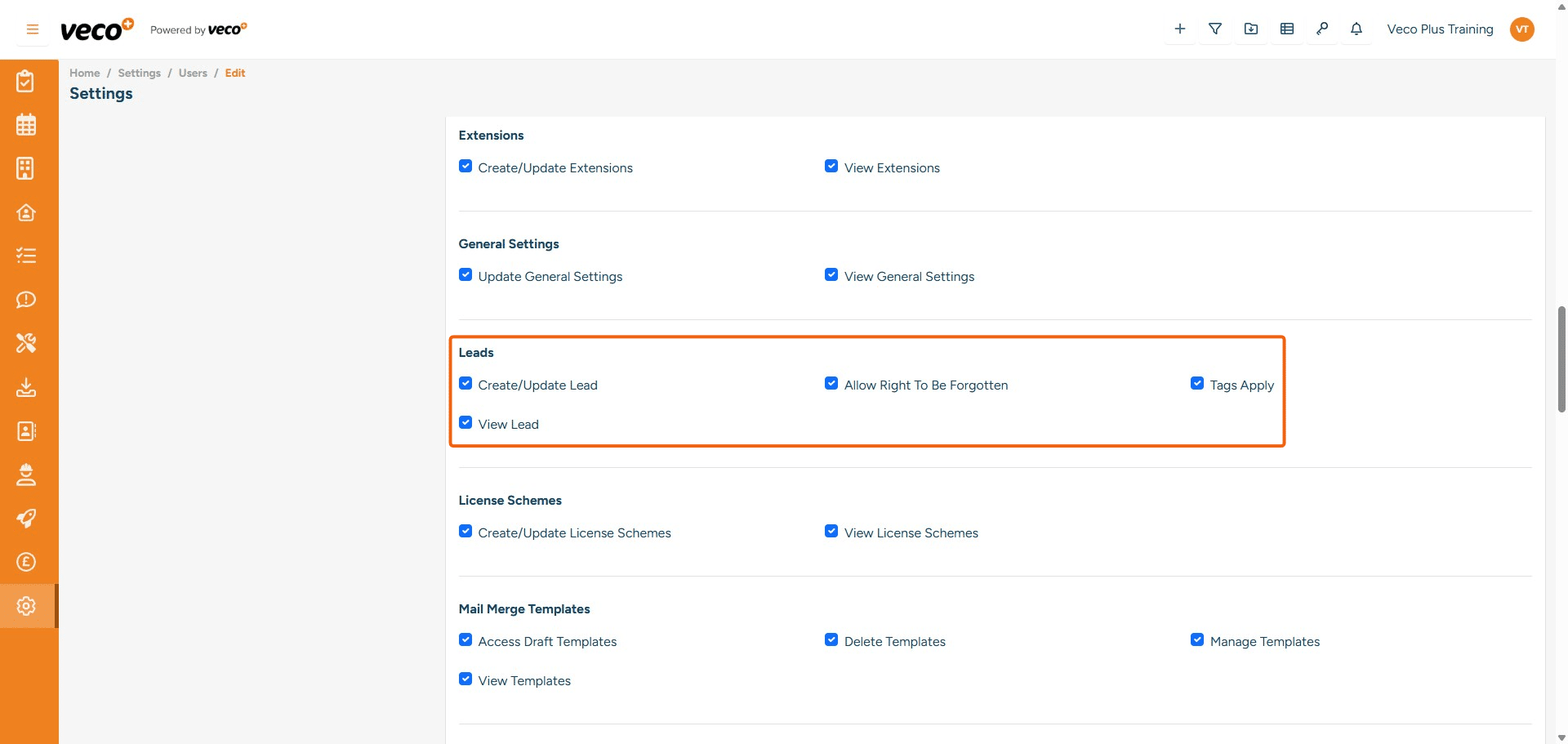 ## Leads
**Create/Update Lead** - Enables a user to create and update a Lead. If this is not ticked, the save button will be locked
**Allow Right To Be Forgotten** - Enables a user to anonymise Leads. If this is not ticked, the Anonymise button will be locked
**Tags Apply** - Enables a user to add tags. If this is not ticked, the user will not be able to view the drop-down list of tags
**View Lead** - Enables a user to view all Leads on the grid. If this is not ticked, it will state you have incorrect permissions
