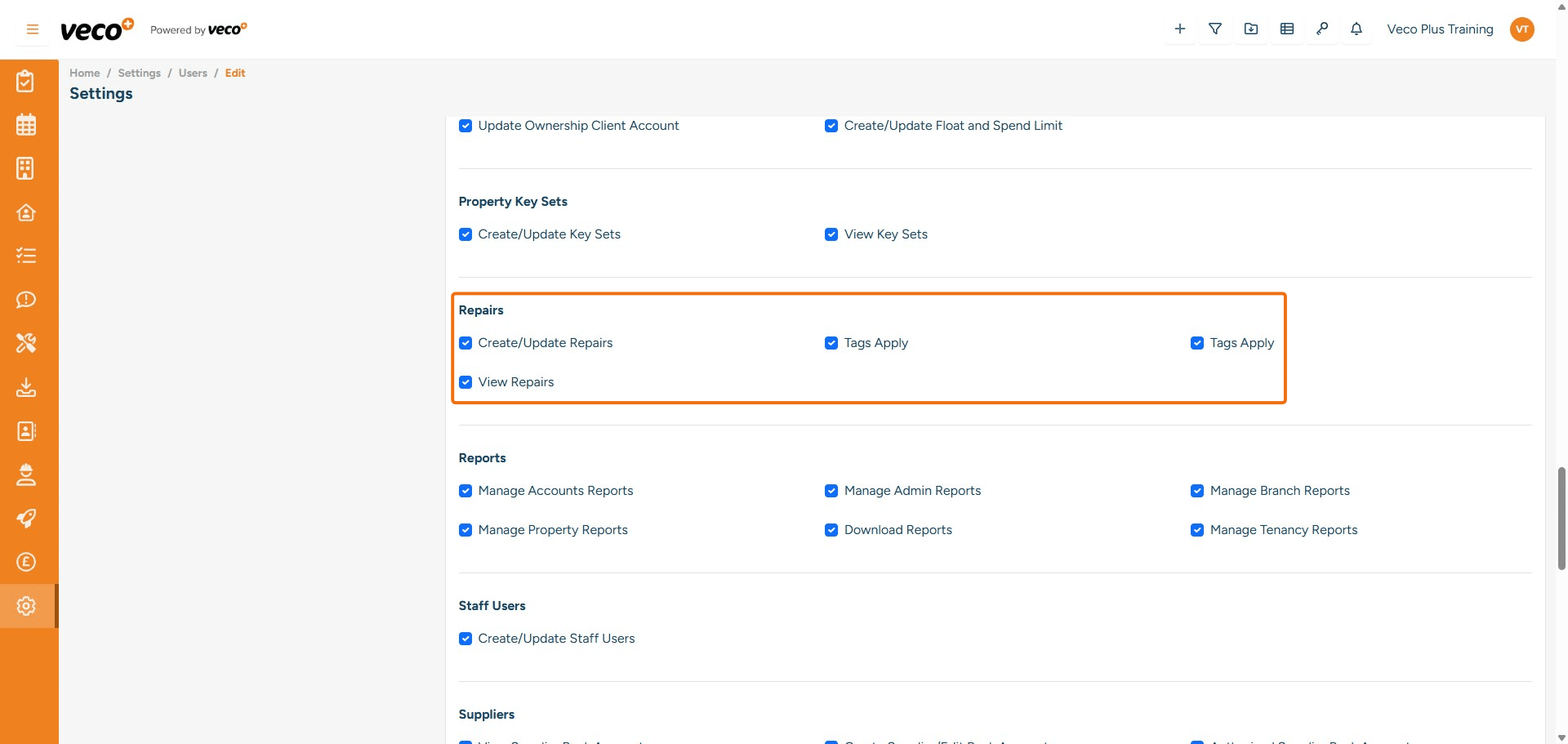 ## Repairs
**Create/Update Repairs** - Enables a user to create and update Repairs. If this is not ticked, the save button will be locked
**Views Repairs** - Enables a user to view all Repairs. If this is not ticked, it will state you have incorrect permissions
**Tags Apply** - Enables a user to add tags. If this is not ticked, the user will not be able to view the drop-down list of tags






