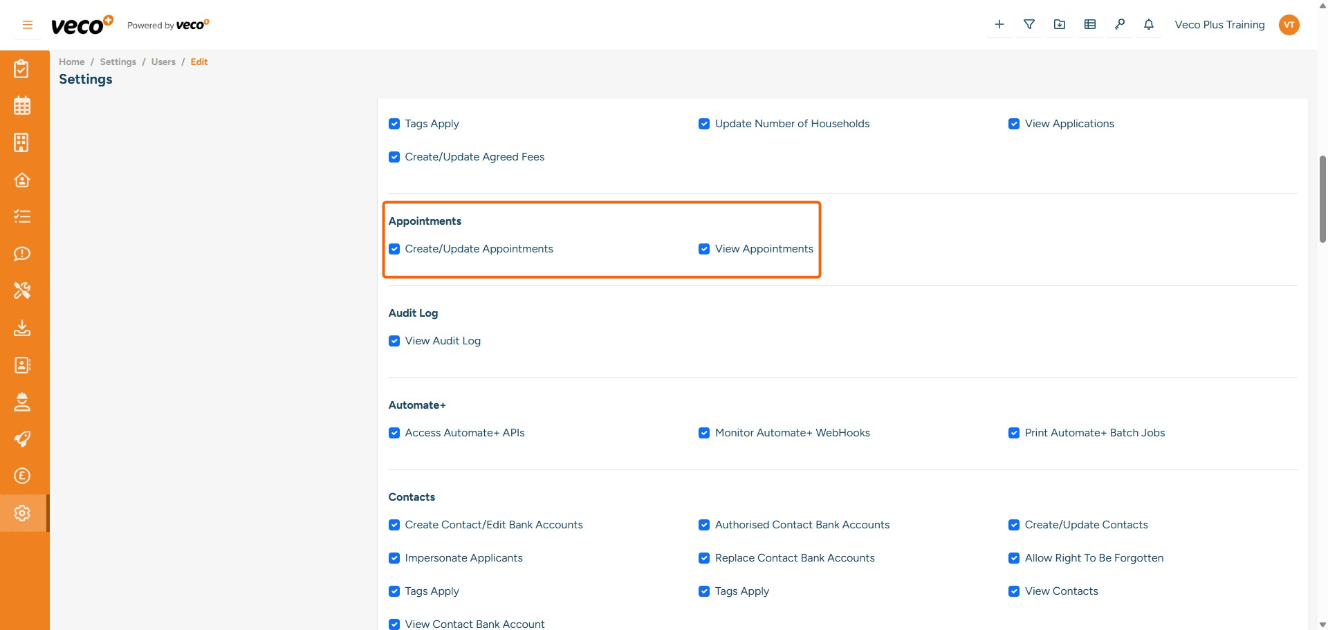 ## Appointments
**Create/Update Appointments** - Enables a user to create and update an Appointment. If this is not ticked, the save button will be locked
**View Appointments** - Enables a user to view appointments in the calendar. If this is not ticked, the calendar will be empty


