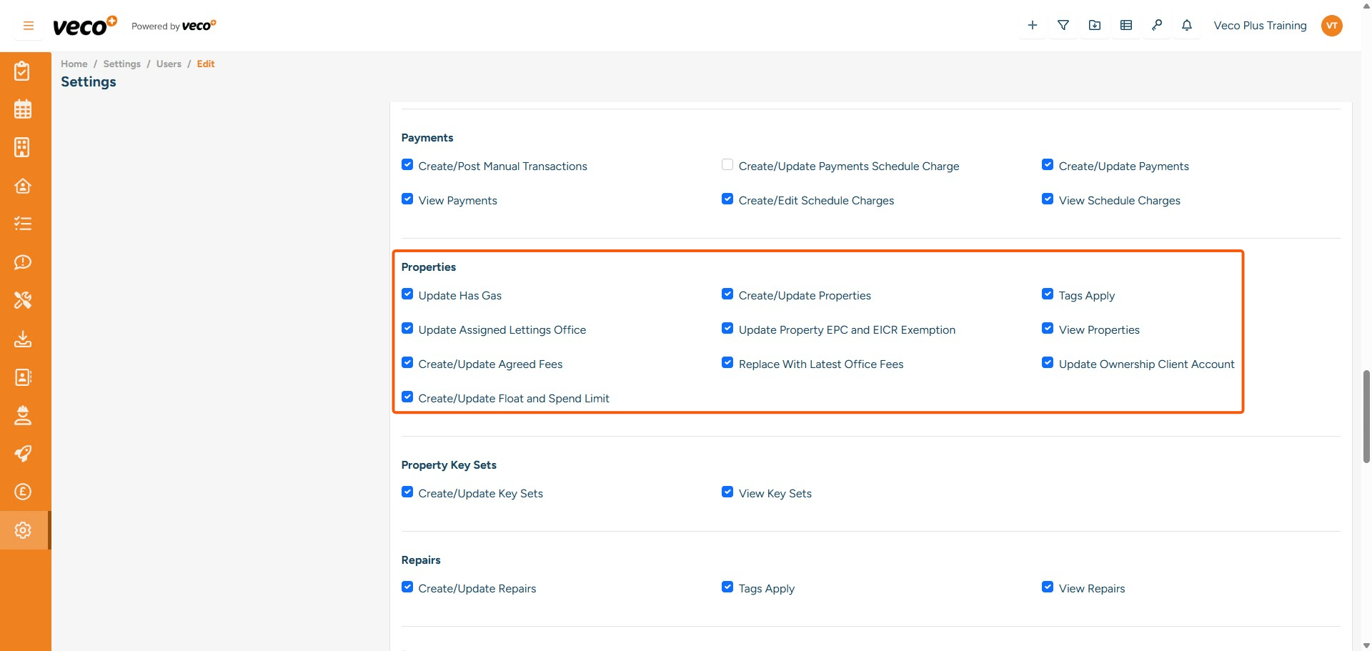 ## Properties
**Update Has Gas** - Enables a user to update 'Has Gas' on the property
**Create/Update Properties** - Enables a user to create and update a property through the quick add icon on the header bar, or from the Properties grid. If this is not ticked, then these options will not be available
**Tags Apply** - Enables a user to add tags. If this is not ticked, the user will not be able to view the drop-down list of tags
**Update Assigned Lettings Office** - Enables a user to amend the Lettings Office on the property record. If this is not ticked, the dropdown list will be locked
**Update Property EPC and EICR Exemptions** - Enables a user to mark a property as exempt from an EPC or EICR
**View Properties** - Enables a user to view properties. If this is not ticked, the Properties grid will state that you have incorrect permissions
**Create/Update Agreed Fees** - Enables a user to create and update Agreed Fees on a Property. If this is not ticked, the save button will be locked
**Replace With Latest Office Fees** - Enables a user to Replace Agreed Fees. If this is not ticked, the Replace button is not visible
**Update Ownership Client Account** - 	Enables the user to add a Bank Account to the Ownership. If this is not ticked, the user will not be able to add a Bank Account
**Create/Update Float and Spend Limit** - Enables the user to create and update a Float and Spend Limit. If this is unticked, the save button will be locked

















	
	



		





	

