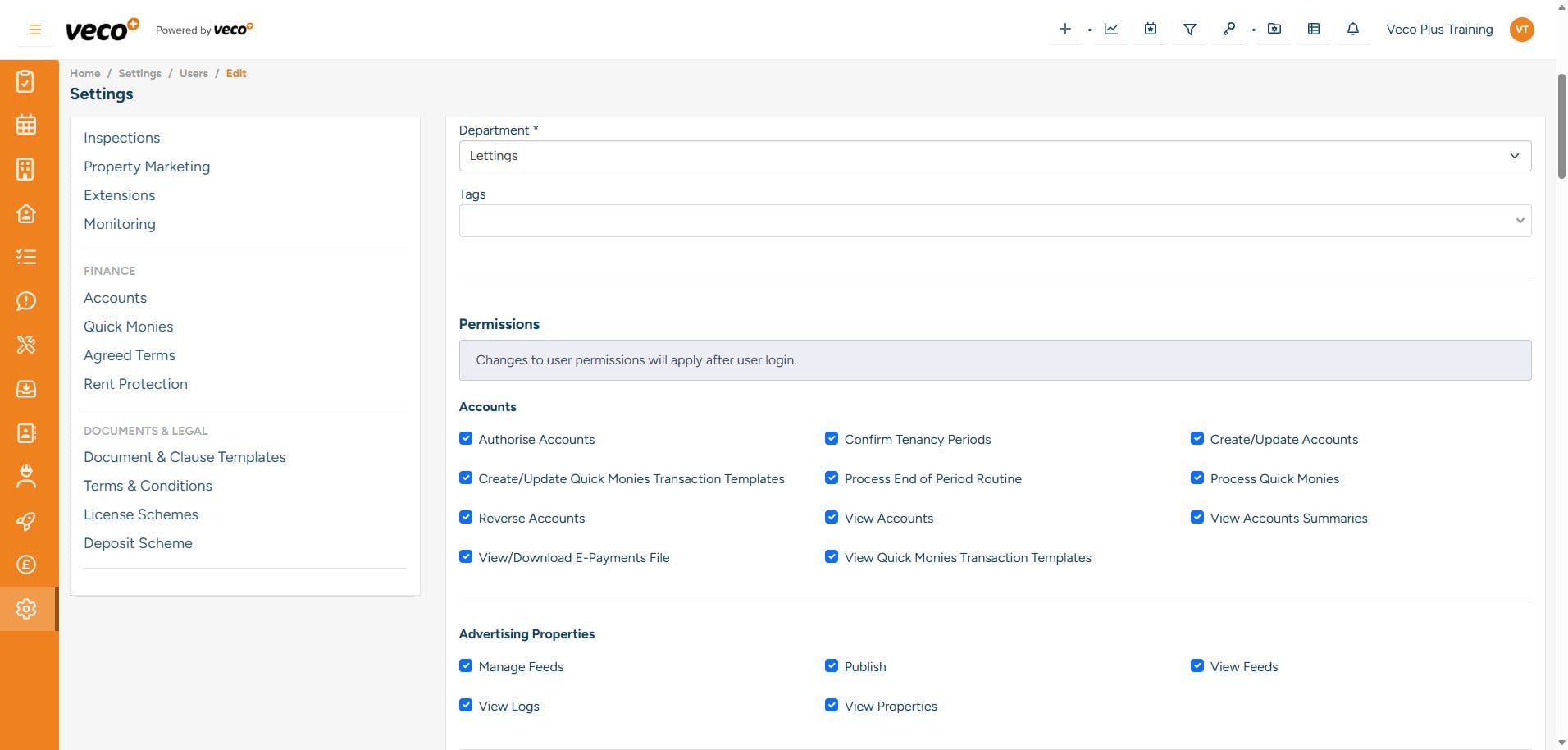 Scroll down to the 'Permissions' section and select all those applicable to the user