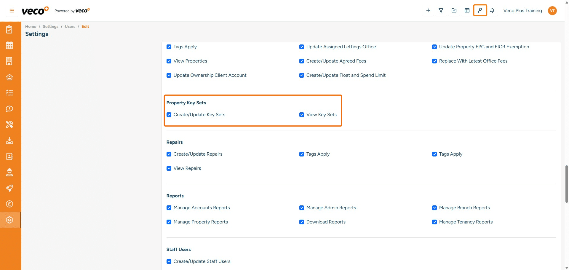 ## Property Key Sets
**Create/Update Key Sets** - Enables a user to create and update key sets. If this is not ticked, the save button will be locked
**View Key Sets** - Enables a user to see the 'Key Sets' icon on the header bar (marked in the screen hot below), and will allow the user to view all key sets. If this is not ticked, the 'Key Sets' icon will not be visible



