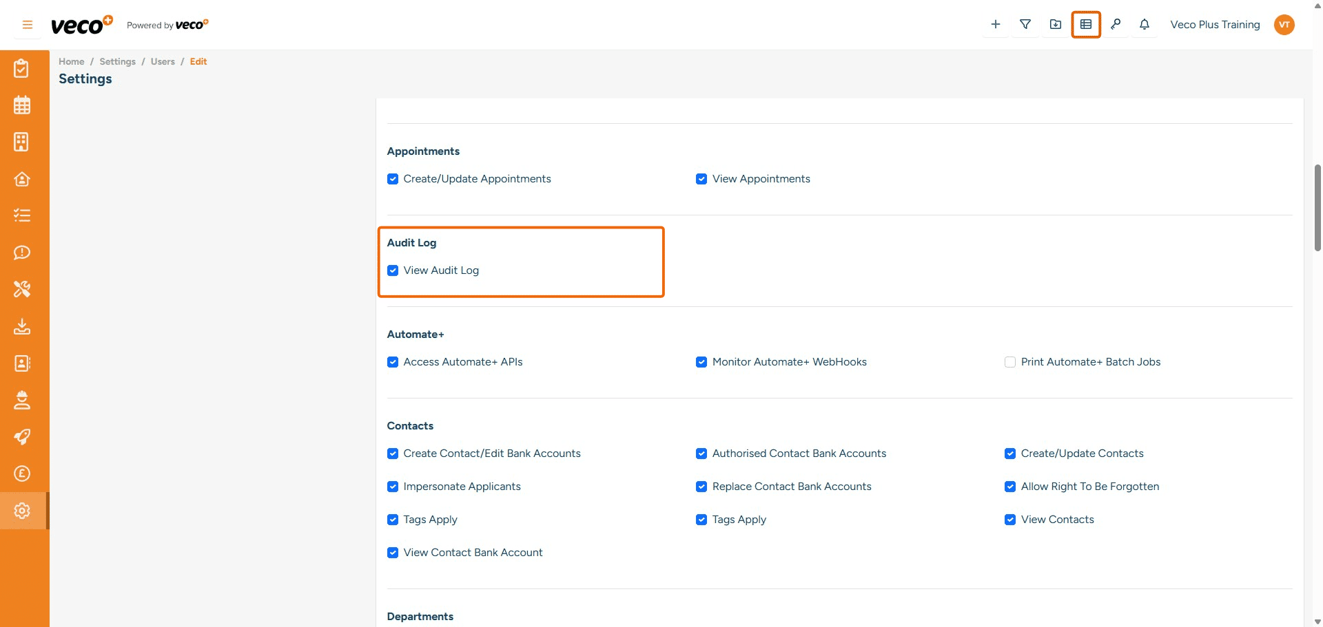 ## Audit Log
**View Audit Log** - Enables a user to view an overview of all audit reporting via the 'Activity Timeline' icon in the header bar (marked in the screen shot below). If this is not ticked, then this icon will not appear in the header bar

