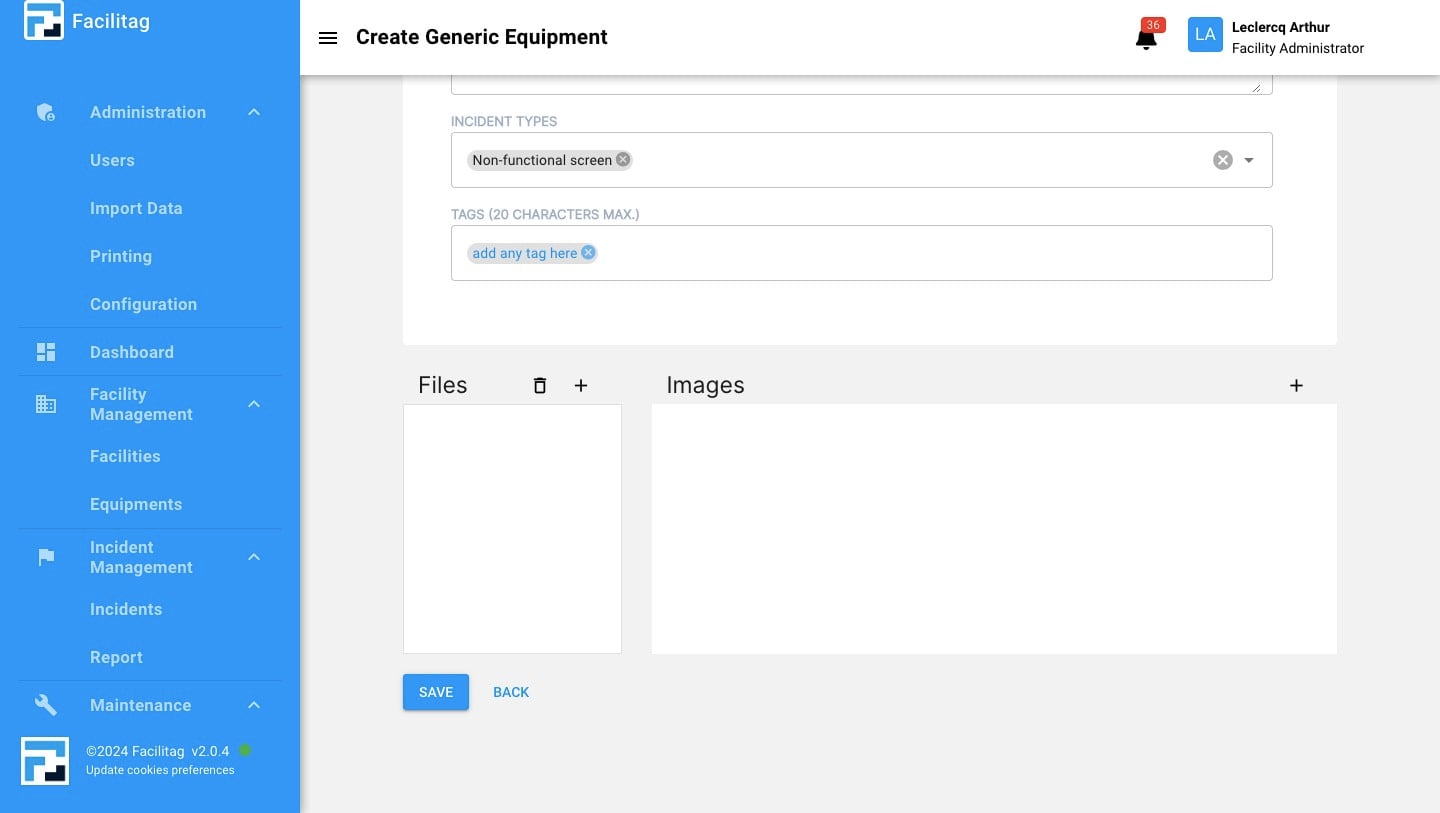 Scroll Down, if you want, you can upload files attached to the equipments by clicking here