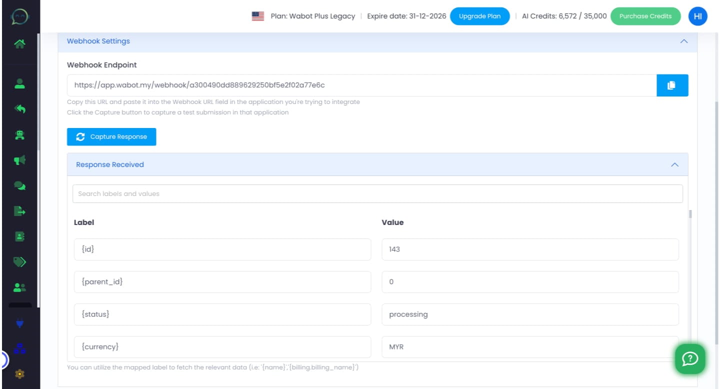 When the response has been received, it will show the table for label and value