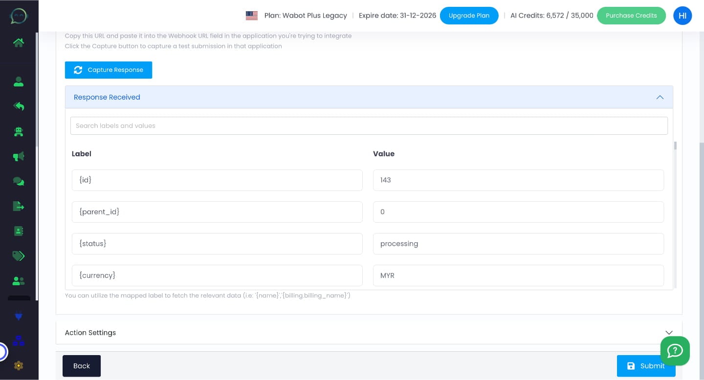 Click on "Action Settings"