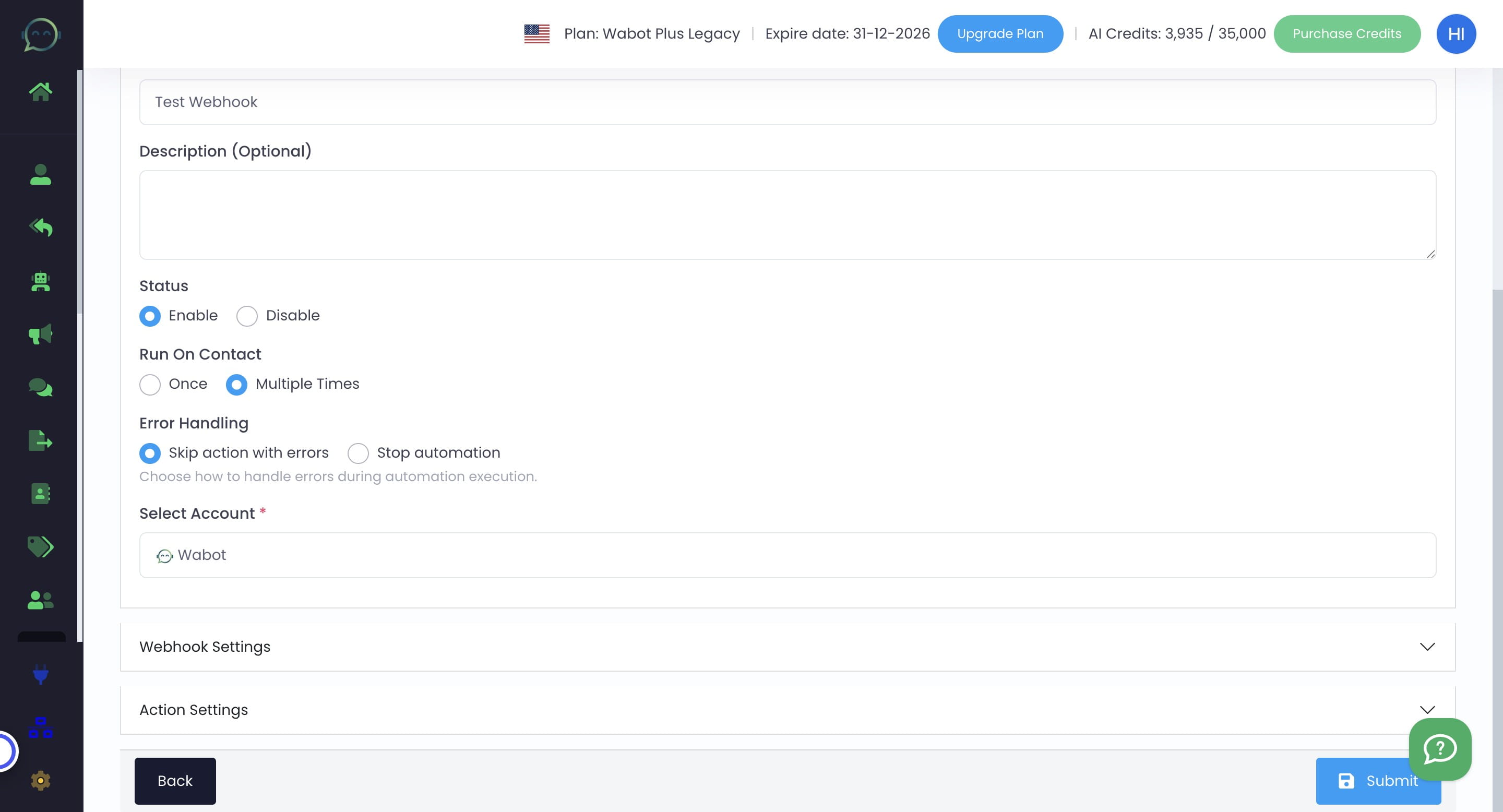 Click on "Webhook Settings"