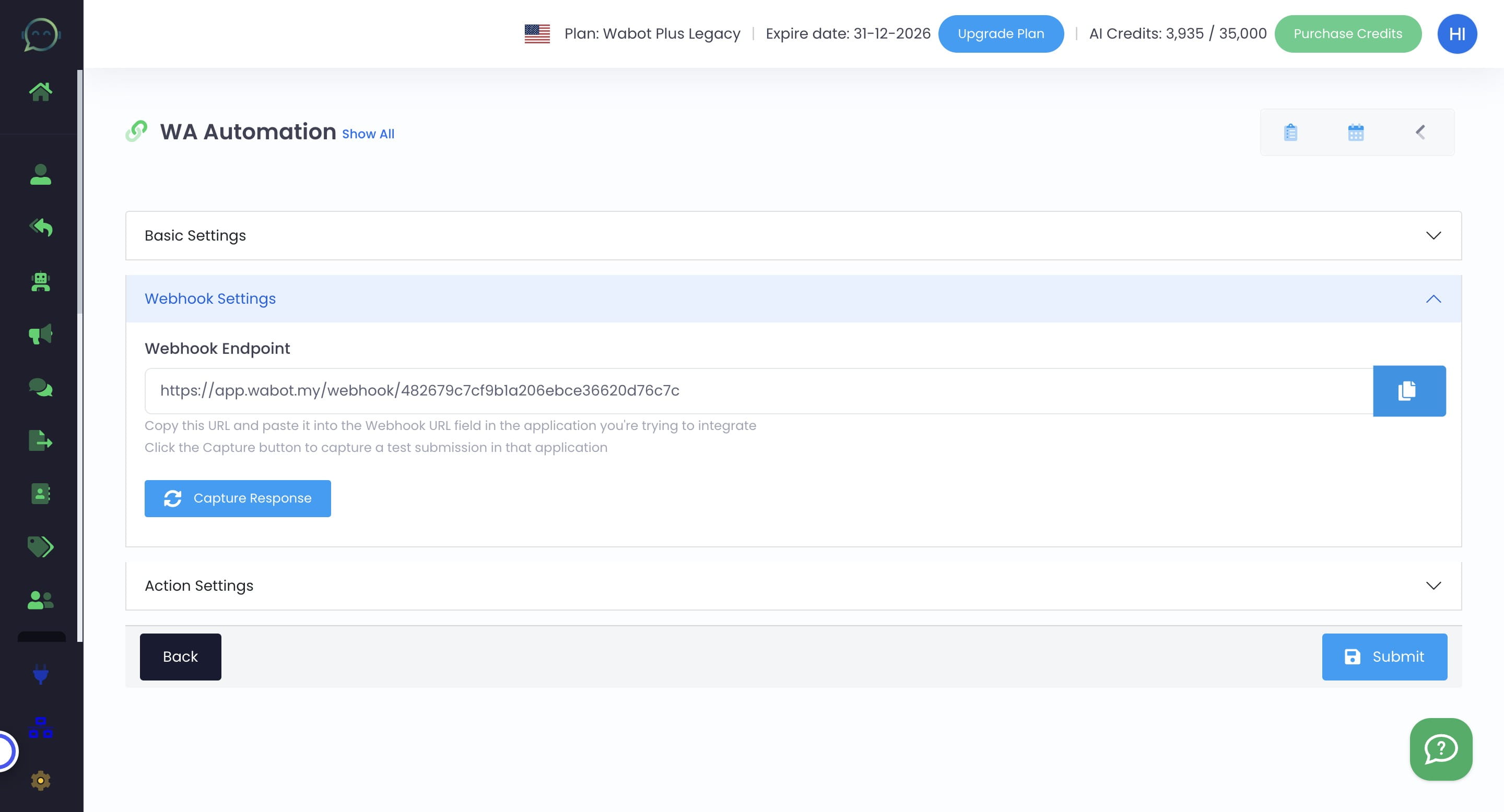 Copy the webhook link to paste onto your system that you want to integrate with Wabot