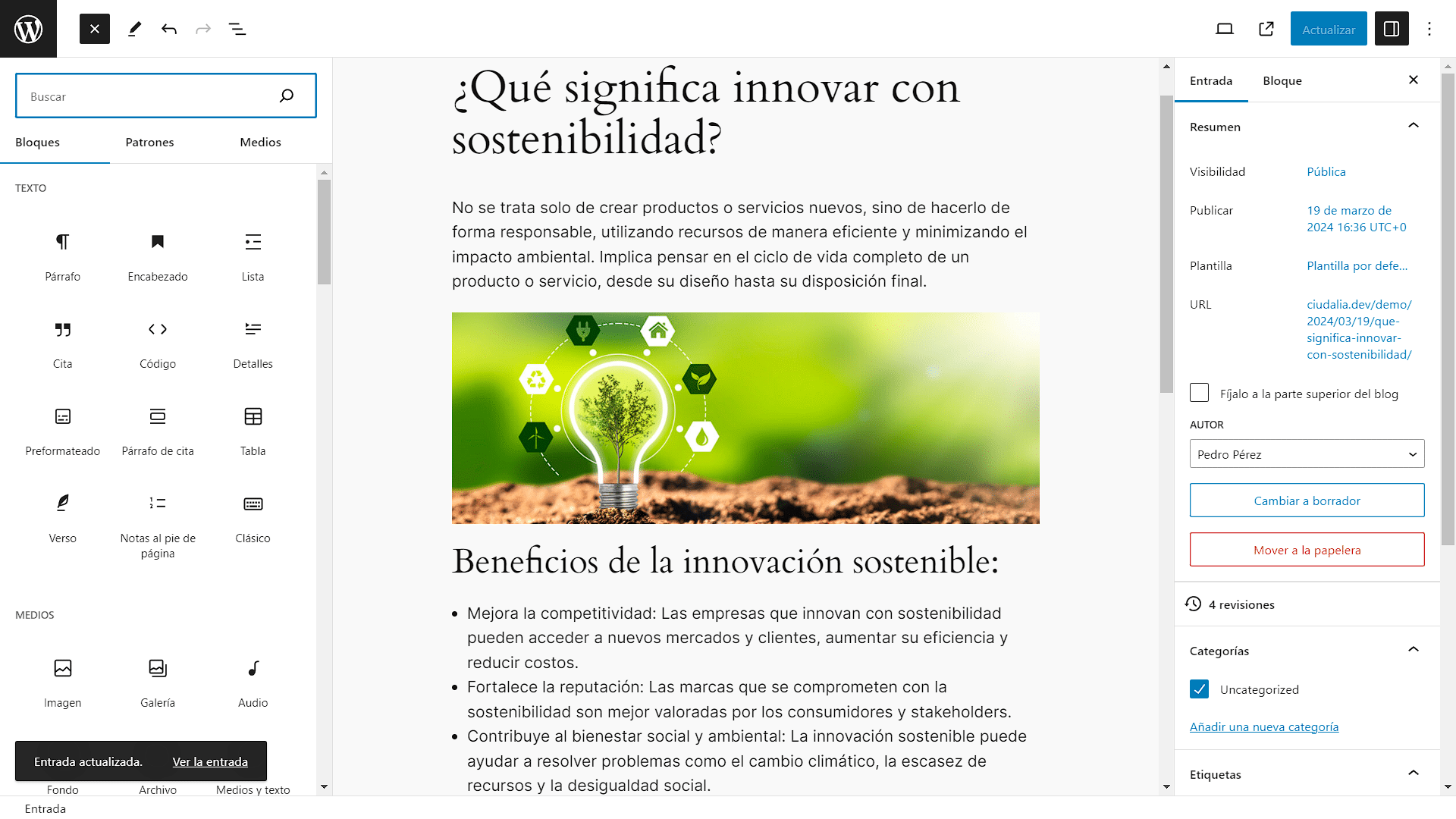 Podrás ver los cambios pulsando en "**Ver la entrada**"