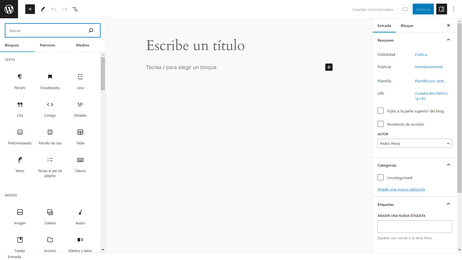 Se abrirá una nueva ventana donde podrás agregar los elementos que necesites para diseñar un artículo
