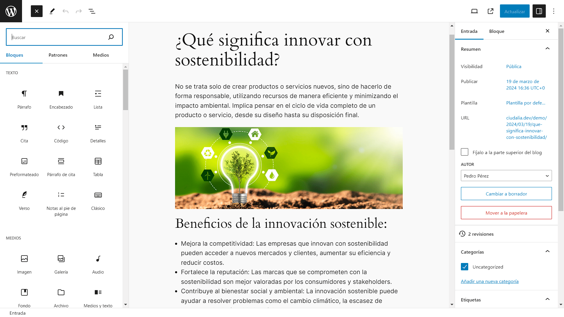 Agregue un título, un párrafo o cualquier elemento de la pestaña de "**Bloques**" para darle diseño y contenido a tu artículo