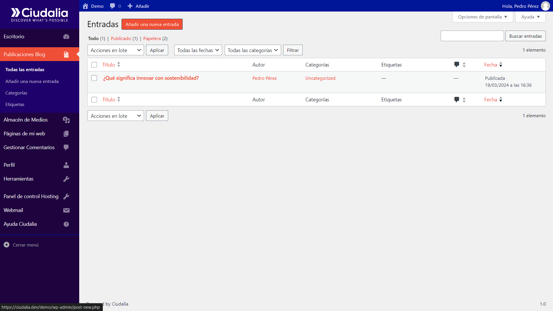 A continuación, haz click en el botón de "**Añadir una nueva entrada**"
