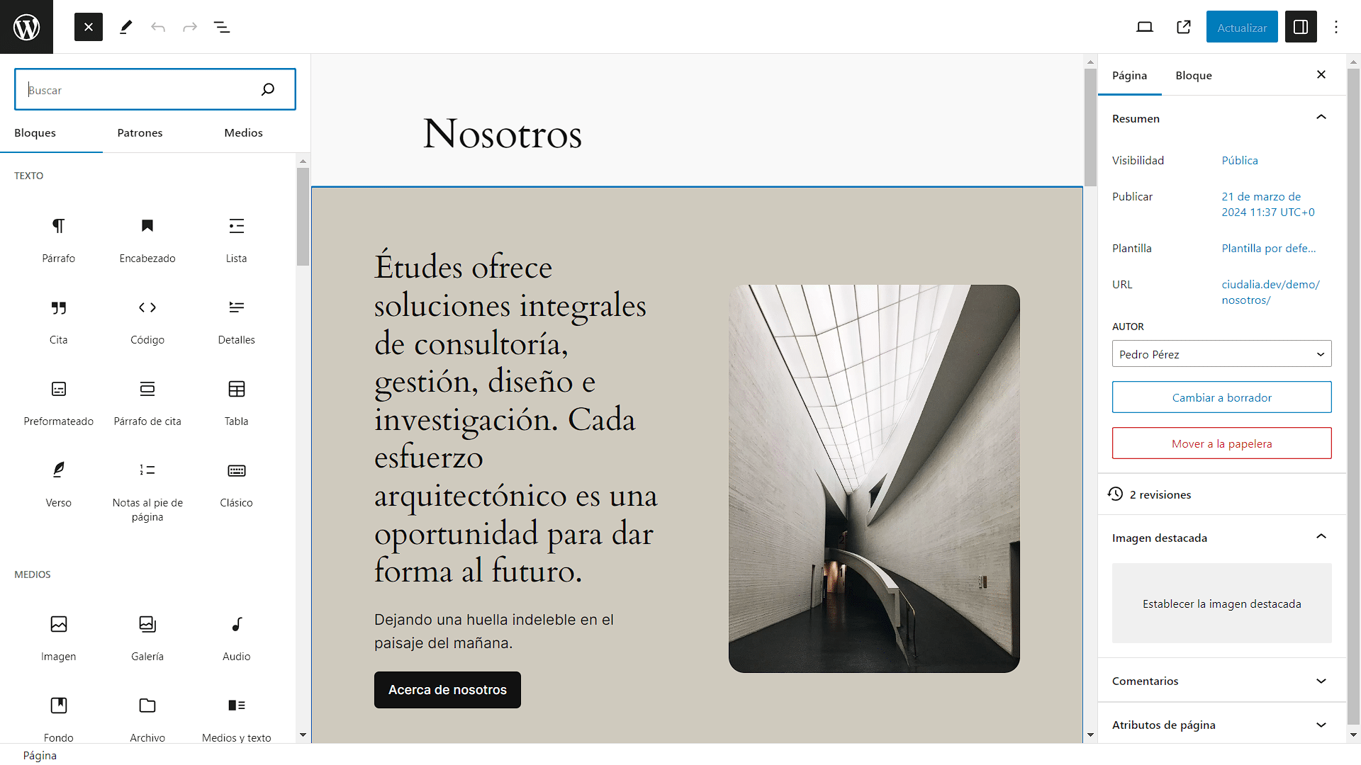 Se desplegará una ventana con todos los bloques para darle diseño y función a tu página