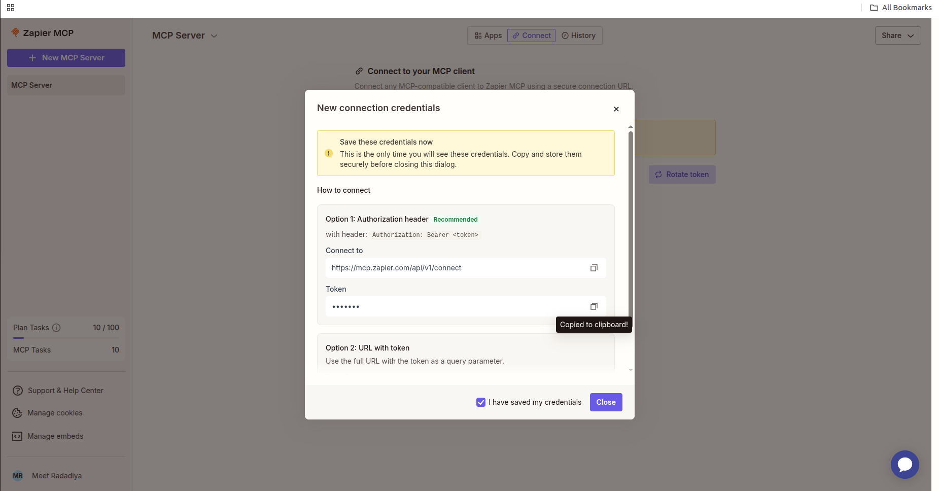 Copy the Token from the Option 1. 