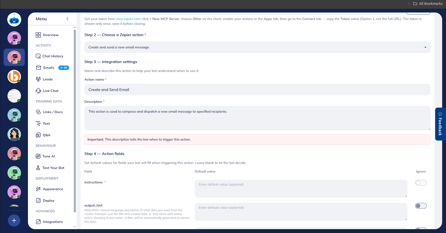 After Selection it will load the selected action and description details. 