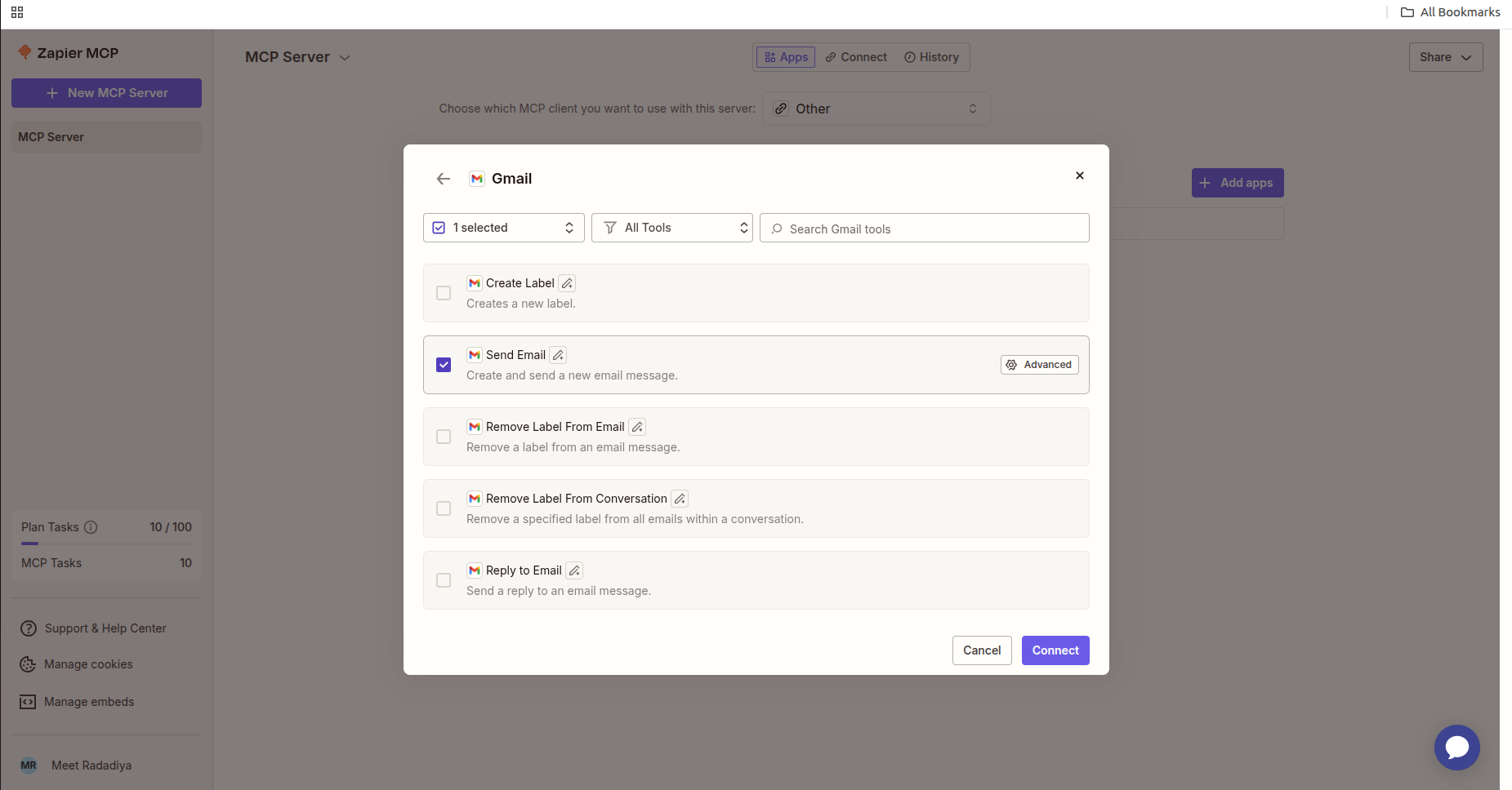 Select desired action and click on the connect button.