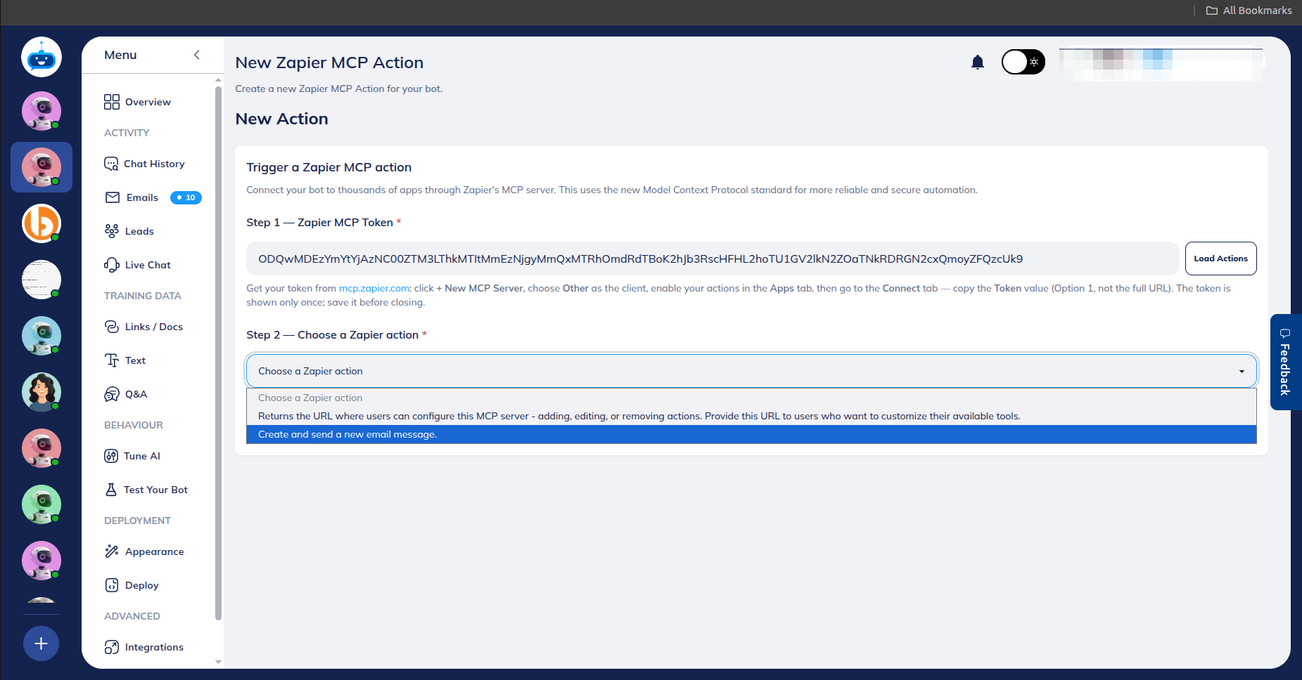 Automatically Loads the Action, you have added on the Zapier MCP Platform. Select the desired action from the dropdown list.